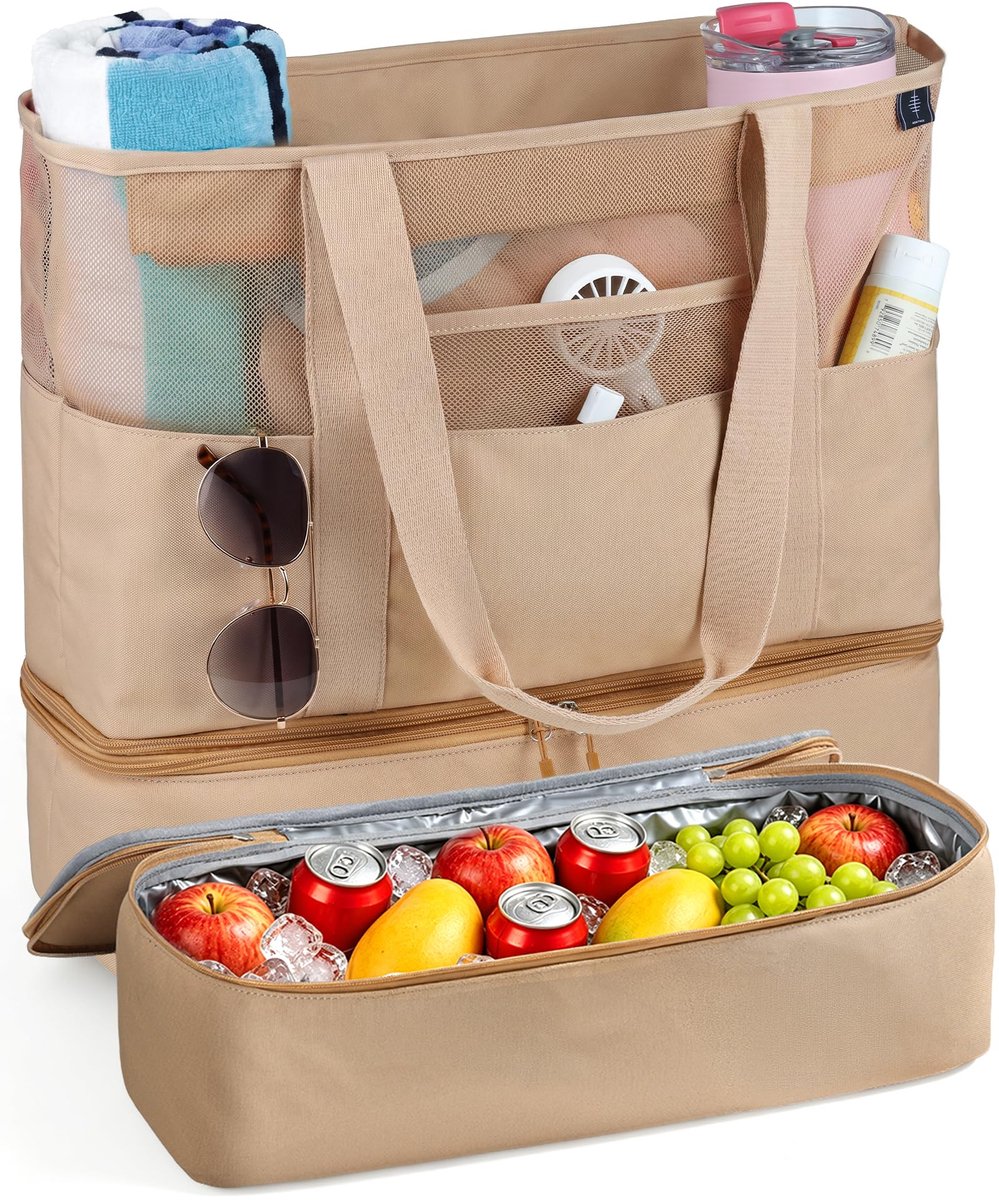 SnelShoppen - BONTHEE 2-in-1 Grote Strandtas met Koelvak, Koeltas, Ruime Opbergruimte, Waterafstotend, 1_sandy Kleur, Perfect voor Strand, Picknick, V