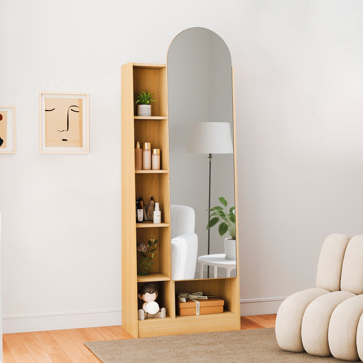 Schoenenkast Met Spiegeldeur – Ruime Opbergvakken En Verstelbare Planken – 165 X 60 X 28 Cm – Mdf – Naturel – Hal En Slaapkamer