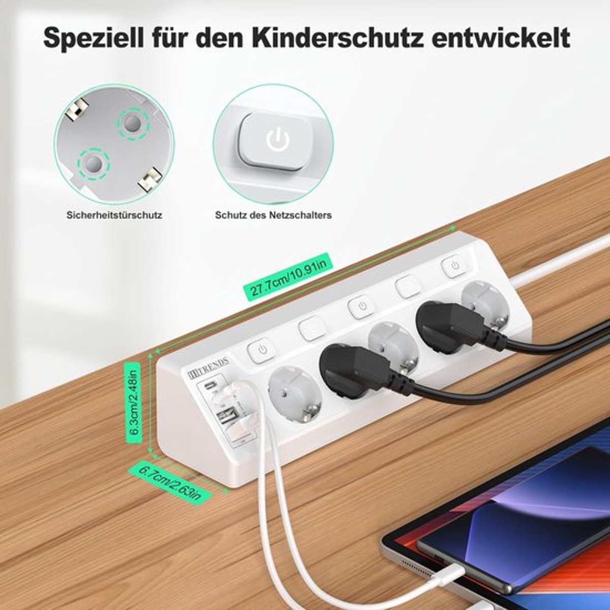 Thijox - Hoekstopcontact met 2 USB A en 2 Type-C, 5-voudig meervoudig stopcontact met schakelaar, 2 m verlengkabel voor bureau en keuken, wit
