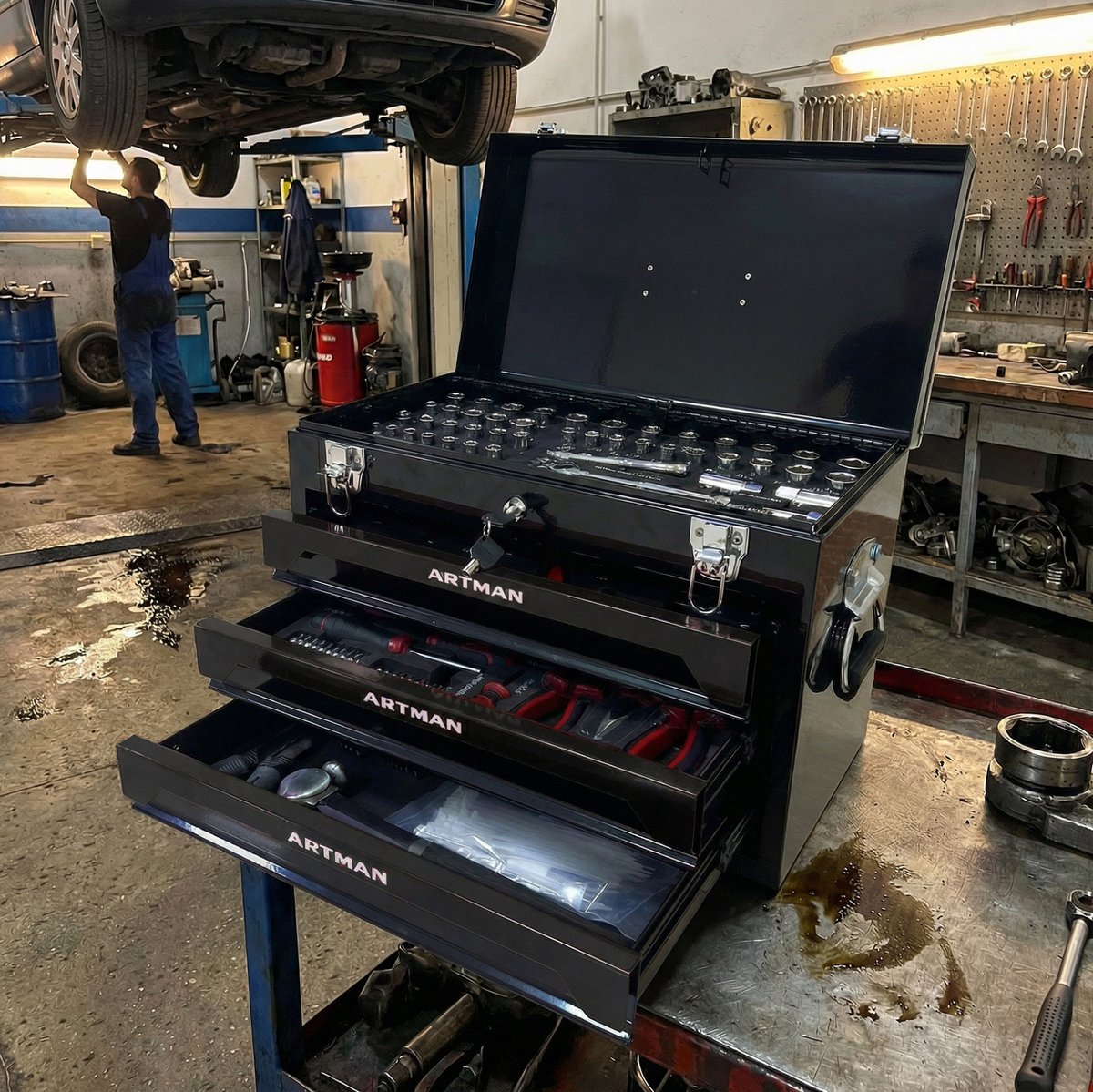 MIVRAY Gereedschapskoffer 50 x 27 x 35 cm Metalen 3 Lades Zwart Voor Werkplaats Garage En Werkbank Met Opbergvak