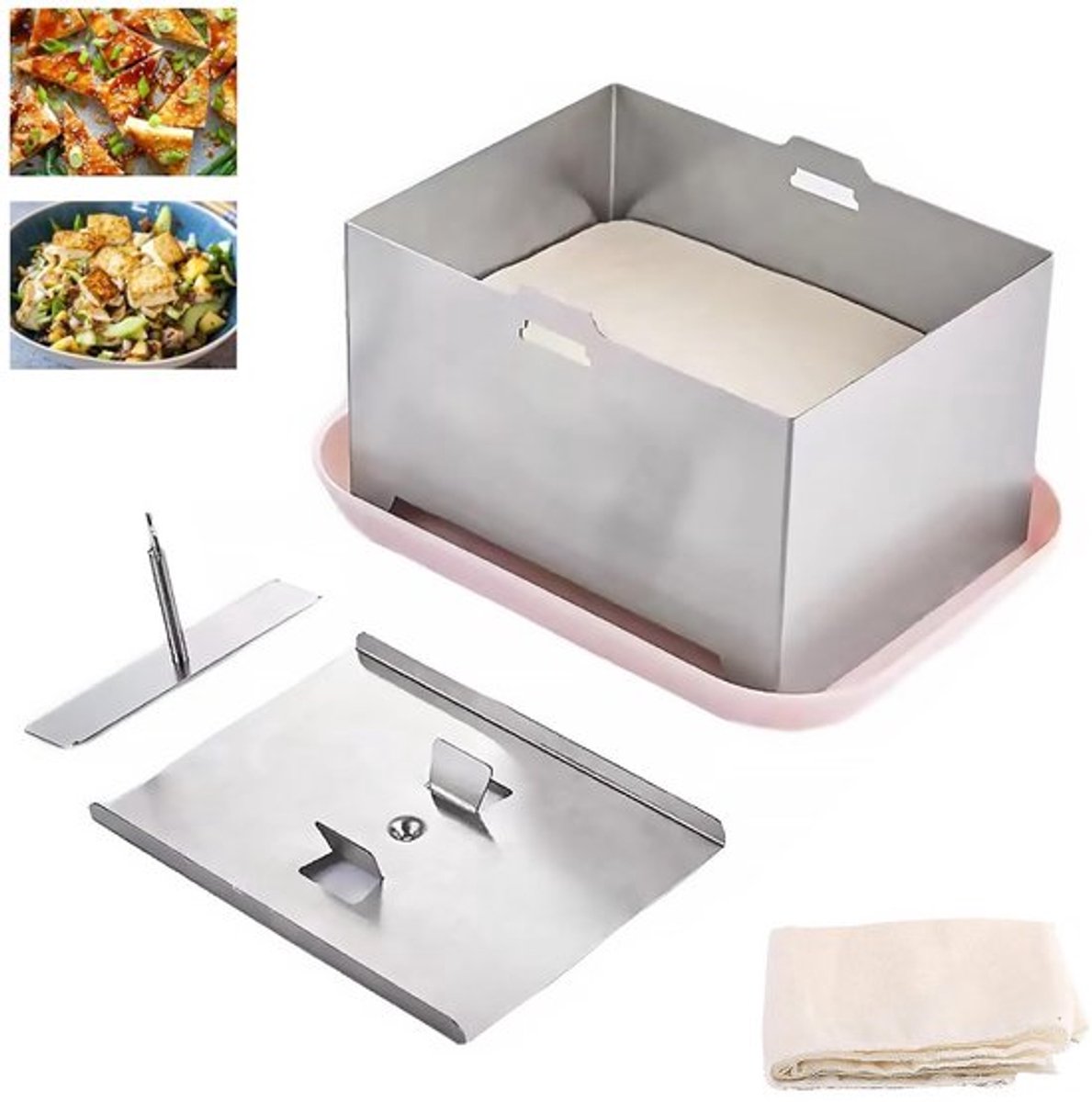 Tofupers 304 Roestvrij Staal - Tofupersgaas - Druppelschaal - Multifunctionele Kaaspers - BPA-vrij - Vaatwasmachinebestendig 16 x 12 x 9 cm - Tofumaker