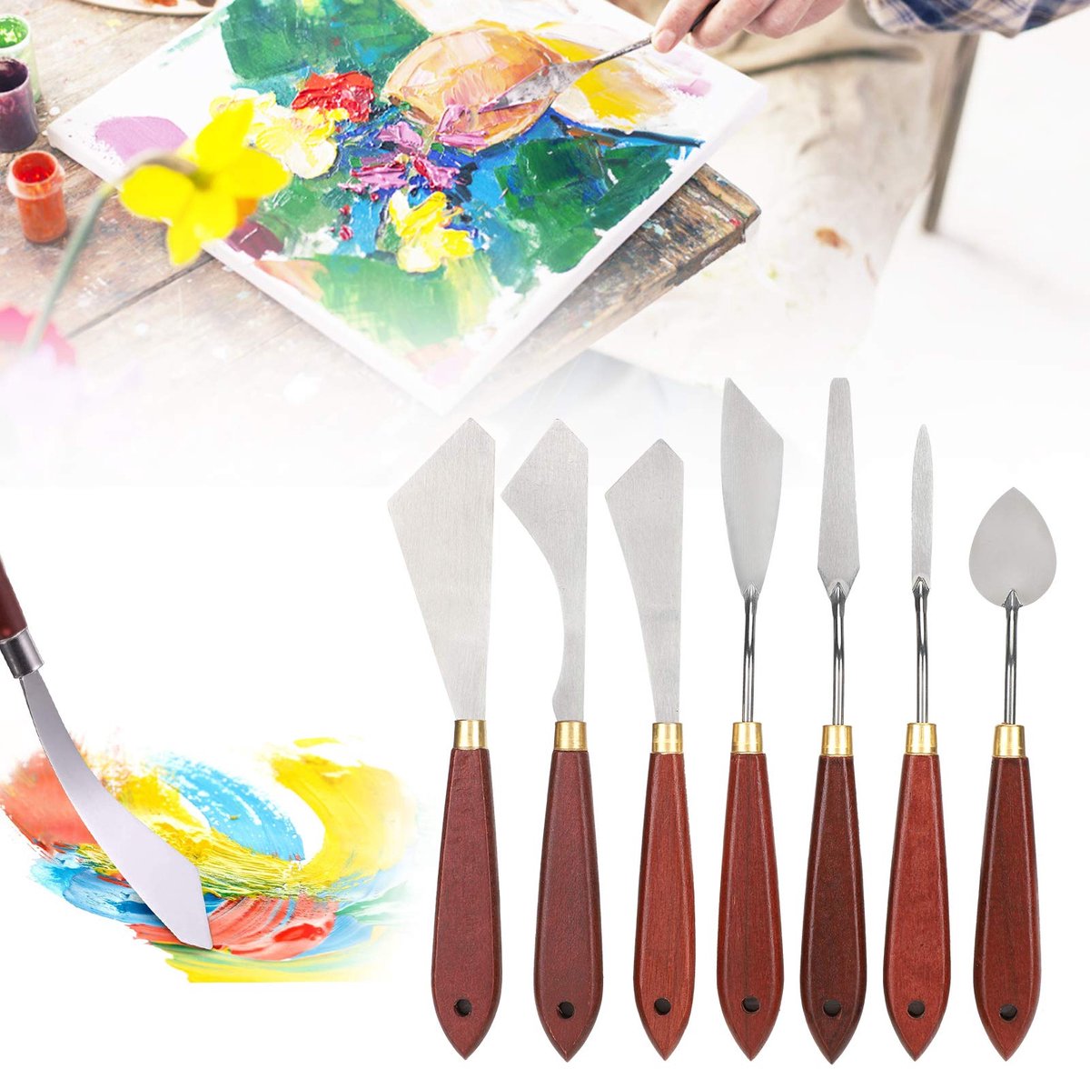 SnelShoppen - Yunxwd Palet Mengschraper Set - 7 Stuks Roestvrij Staal Palet Mes met Ergonomische Handvat voor Olieverfschilderij en Acryl Mix - Perfec