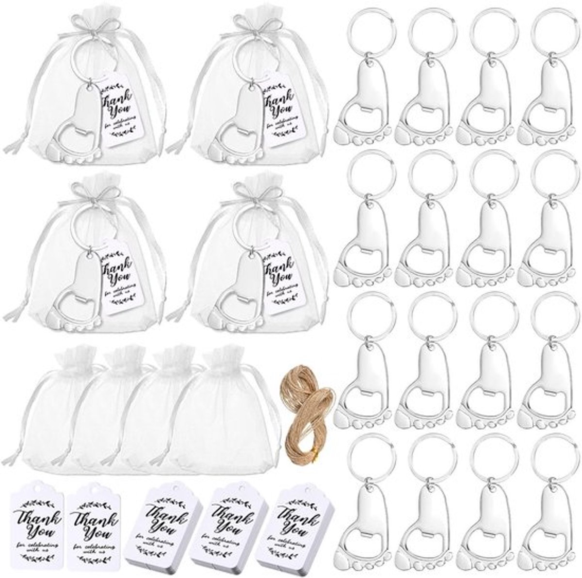 Voetafdruk Sleutelhanger 24 Sets - Babyshower Cadeaus - Flesopener - Organza Zakken - Dank Tags - Multifunctioneel - Feestcadeau