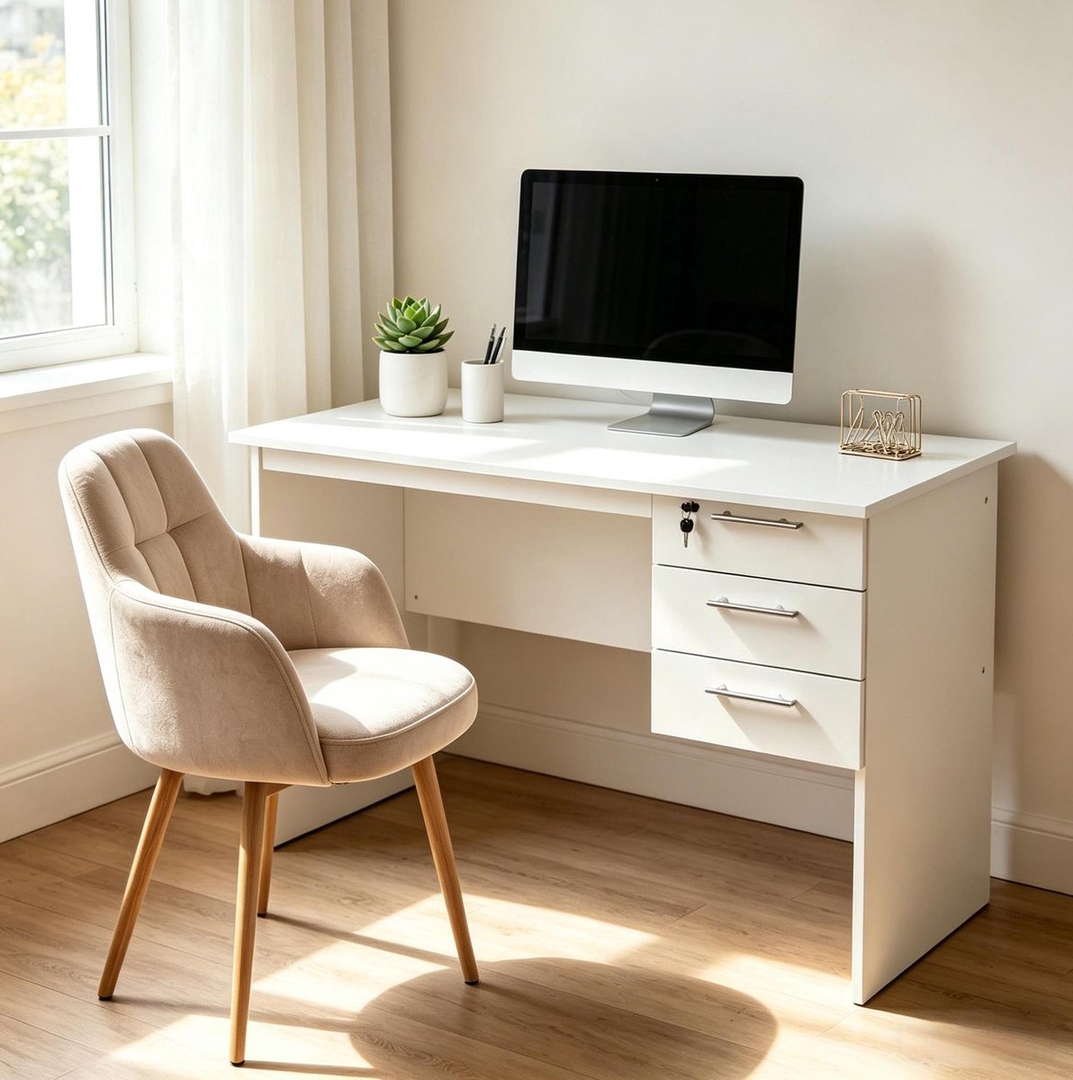 REDOM - Computer Schreibtisch - 3 Schubladen - Rechthoekig - Met slot - Modern - Bureau en thuiswerkplek - Hout - Wit - 120 x 60 x 75 cm