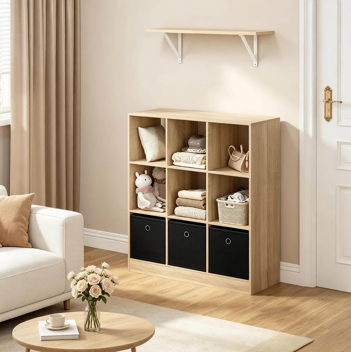 REDOM - Boekenkast - Open vakken - Vrijstaand - 3 stoffen lades - E1 hout met melamine - Licht eiken - Zwart - 80 x 86,5 x 30 cm