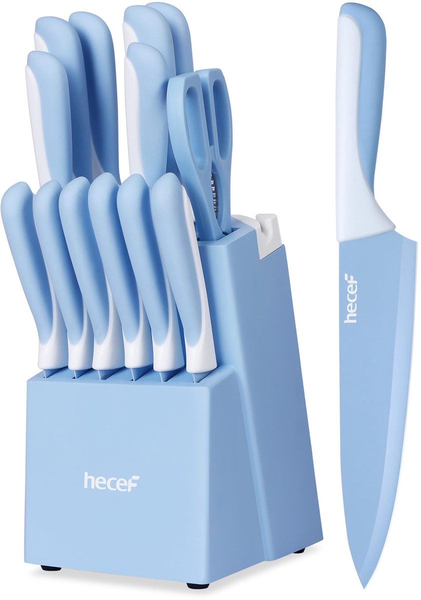 SnelShoppen - Hecef Messenset 14-delig met Messenblok, Ingebouwde Slijpsteen, Roestvrij Stalen Keukenmessen met Anti-aanbaklaag, Ergonomisch Handvat,