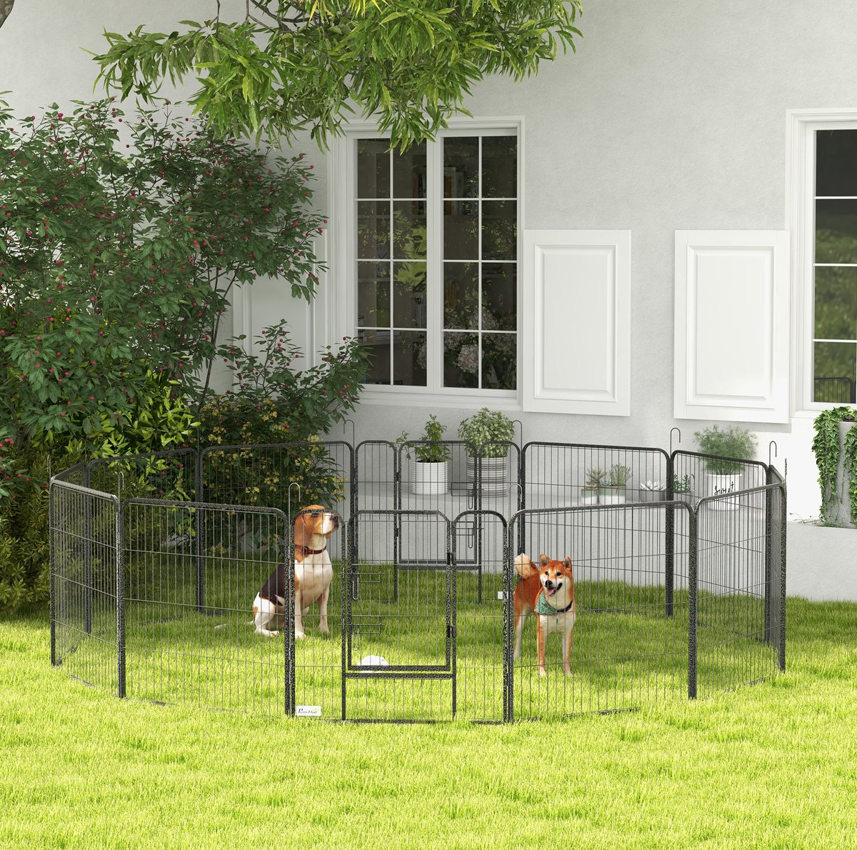 Wishdor Welpenren 80 cm hoog - 12-delig met 2 deuren - DIY opvouwbaar - voor binnen en buiten - staal - grijs - 240 x 240 cm
