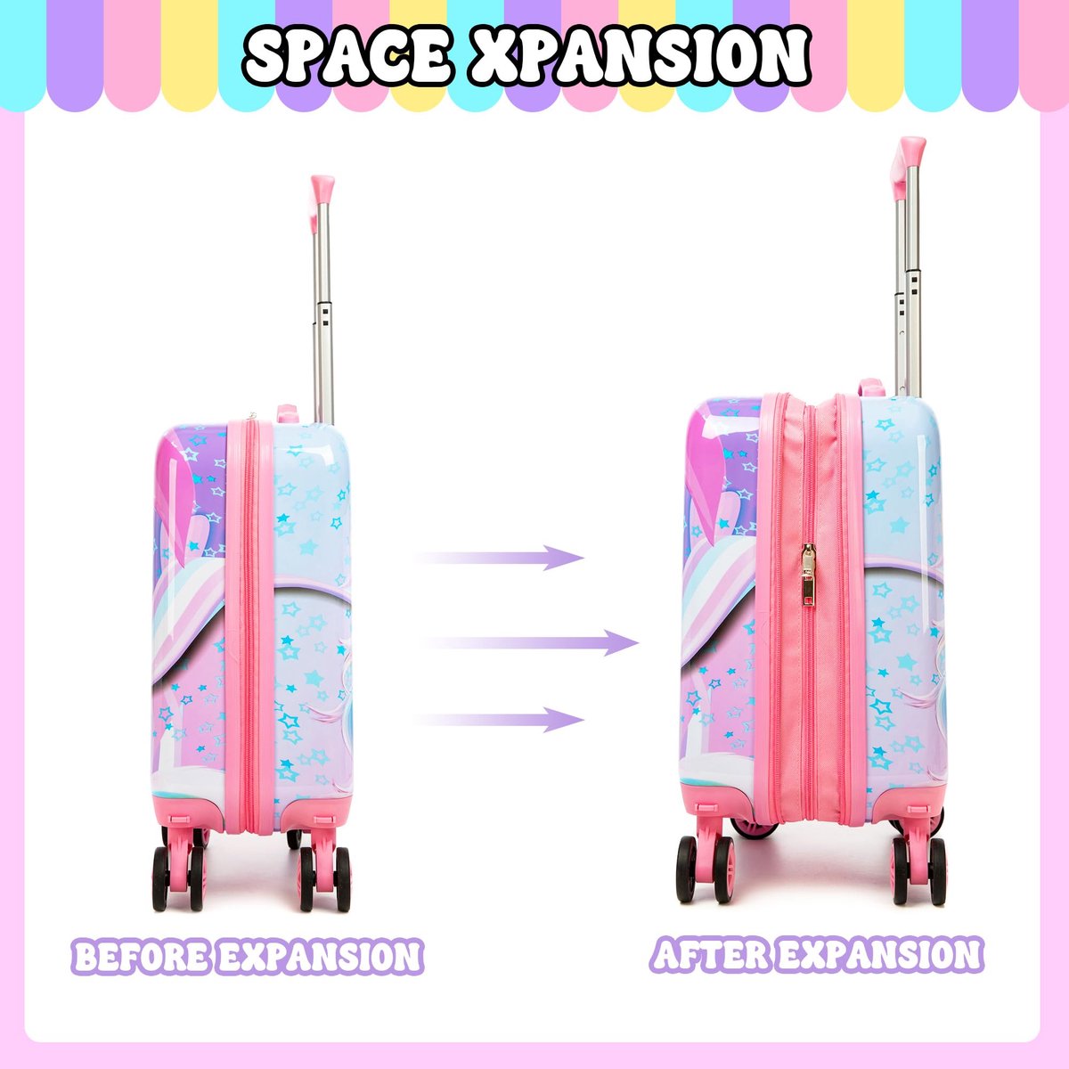 SnelShoppen - 2-delige Kinderkofferset voor Meisjes - Handbagage Koffer met Nekkussen en Koffertag - Eenhoorn Design - Trolley Harde Koffer 40x30x10 c