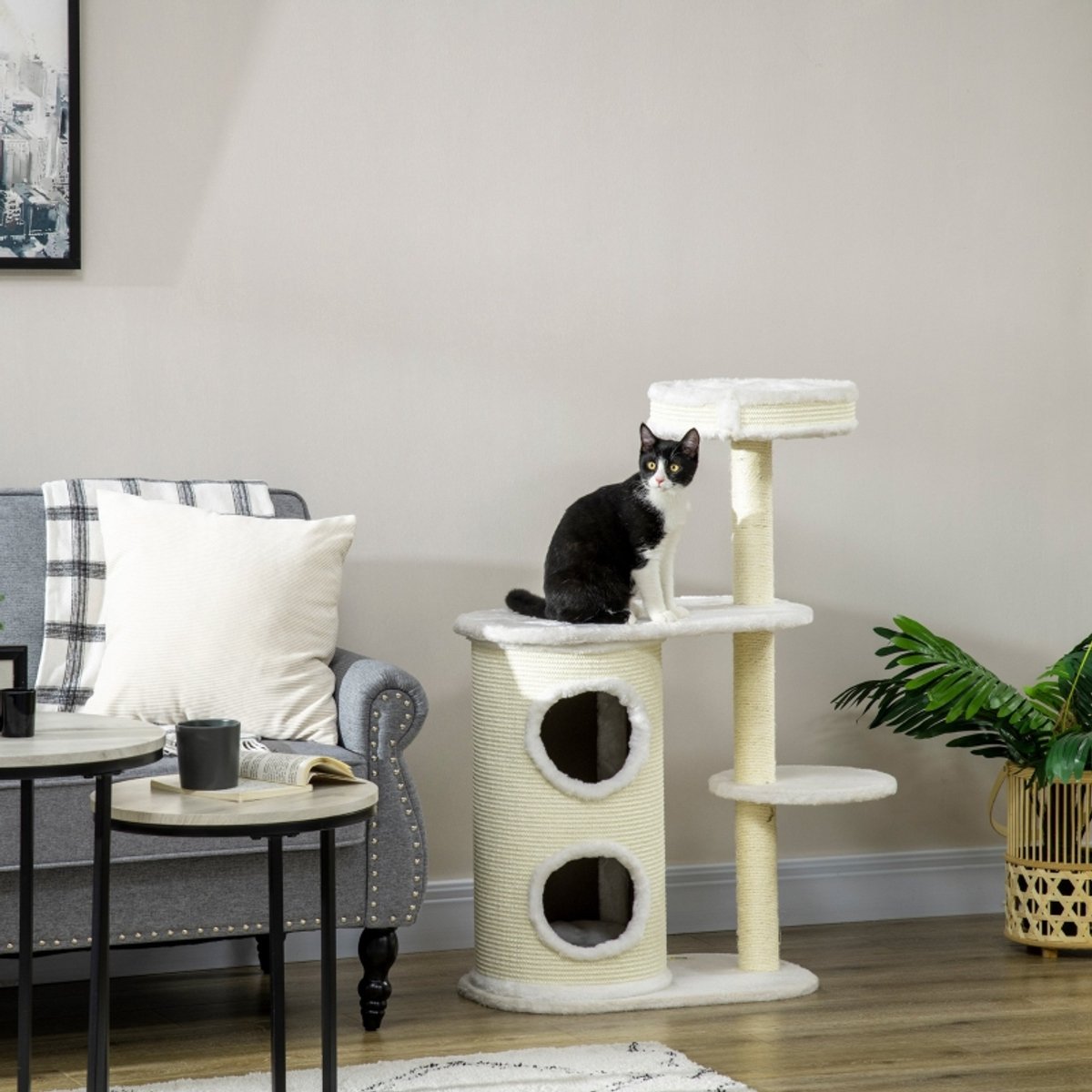 Krabpaal met Krabton en Kattenbed – 100 cm – Pluche en Sisal – Cream White – Met Speelbal voor Binnen