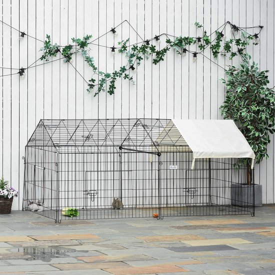 Wishdor Konijnenren voor kleine dieren - opvouwbaar - met zonnedak - metaal - zwart - 220 x 103 x 103 cm