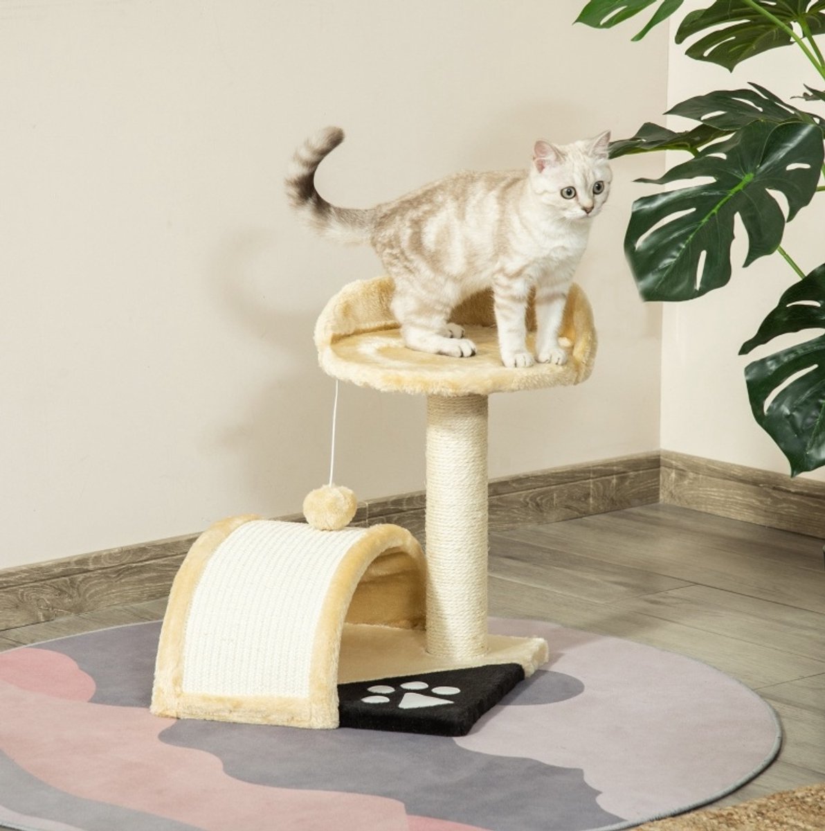 Krabpaal - Met Speelbal En Sisal Krabstangen - 35,5 X 37 X 46 Cm - Pluche - Beige - Voor Binnen