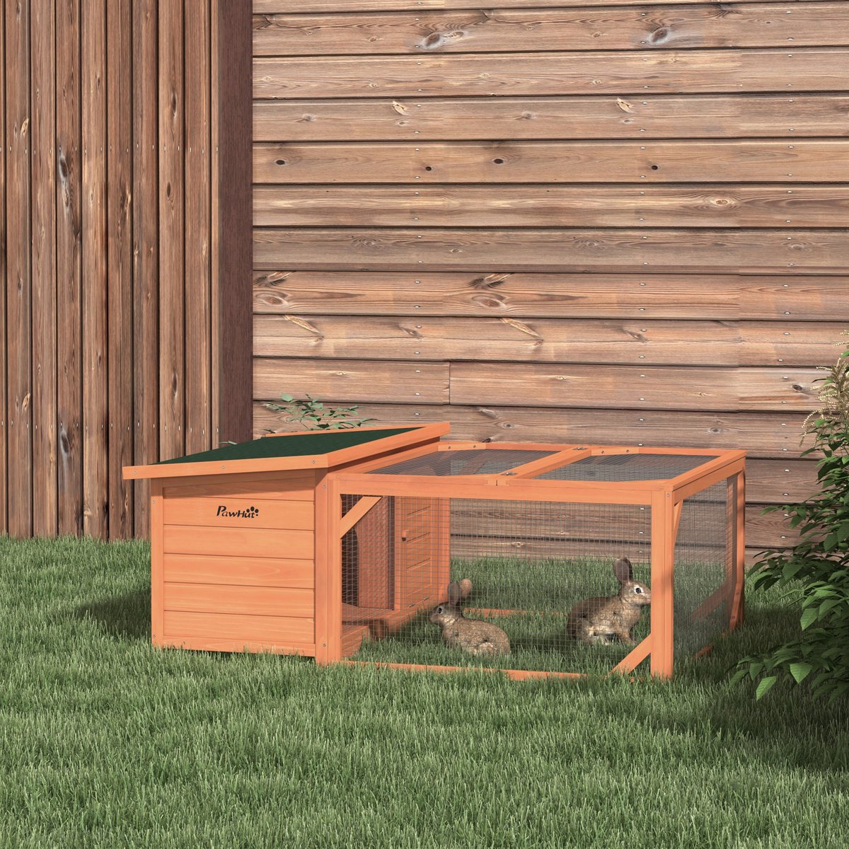 Wishdor Knaagdierhok - Met vrijloopren en uitneembare bodemlade - Weerbestendig ontwerp - Voor buitengebruik - Hout en waterbestendig dak - Oranje - 125,5 x 100 x 49 cm