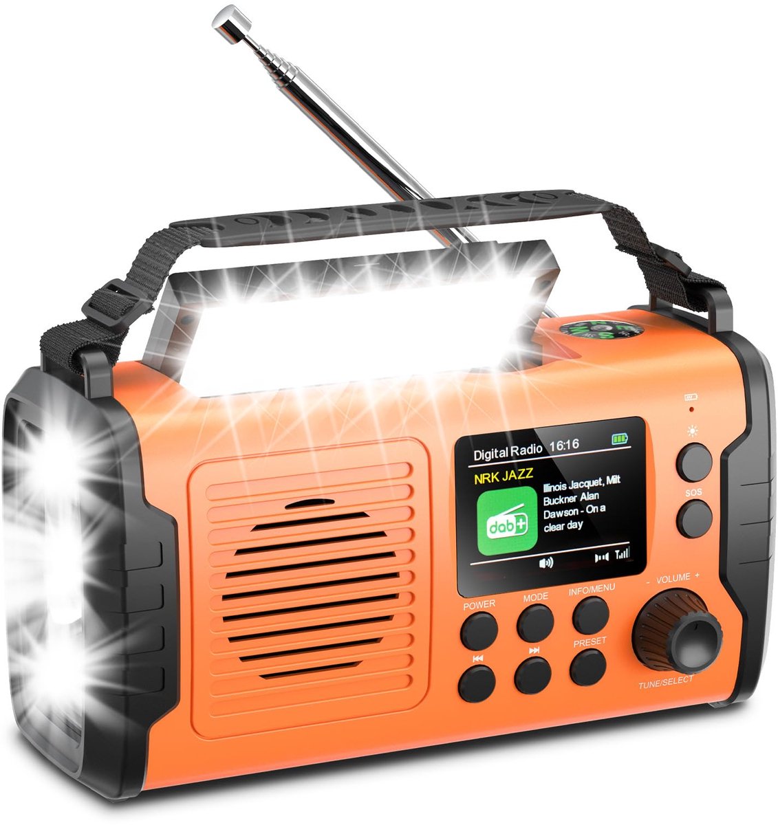 SnelShoppen - 20000mAh Zonne Radio met Zwengel, Bluetooth DAB/FM, Zaklamp & Leeslamp, USB-Oplader voor Telefoon, SOS-Alarm, TF-Kaart, Hoofdtelefoonaan