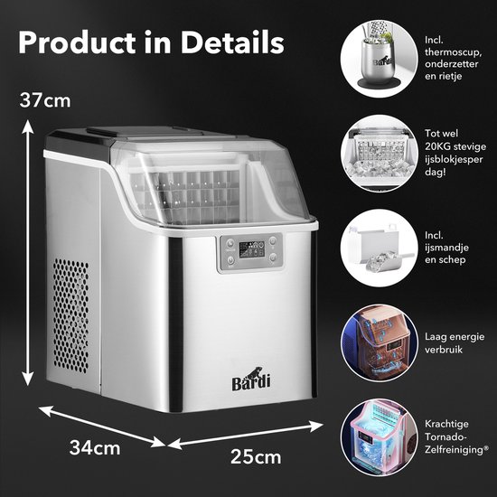 Bardi 3,2L Deluxe IJsblokjesmachine - Vierkante IJsblokmaker - LCD Display - 20Kg/24 uur. inclusief Thermosbeker en IJsschep- RVS met citruspers RVS van Bardi — afbeelding 4
