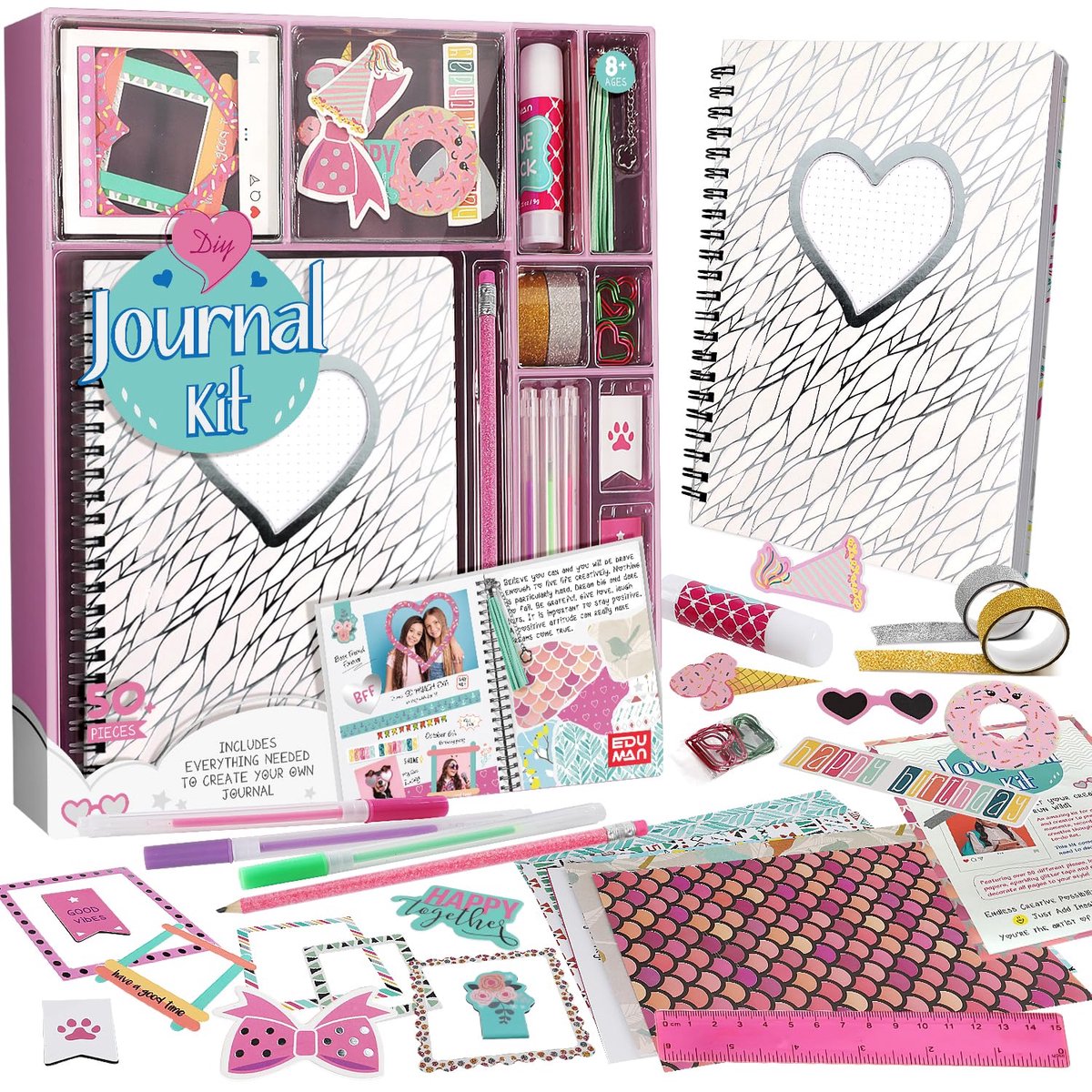 SnelShoppen - EDUMAN Dagboek voor Meisjes DIY Scrapbook Set Knutselpakket - Creatief Dagboek voor Meisjes van 6-14 Jaar - Schoolbenodigdheden - Wit