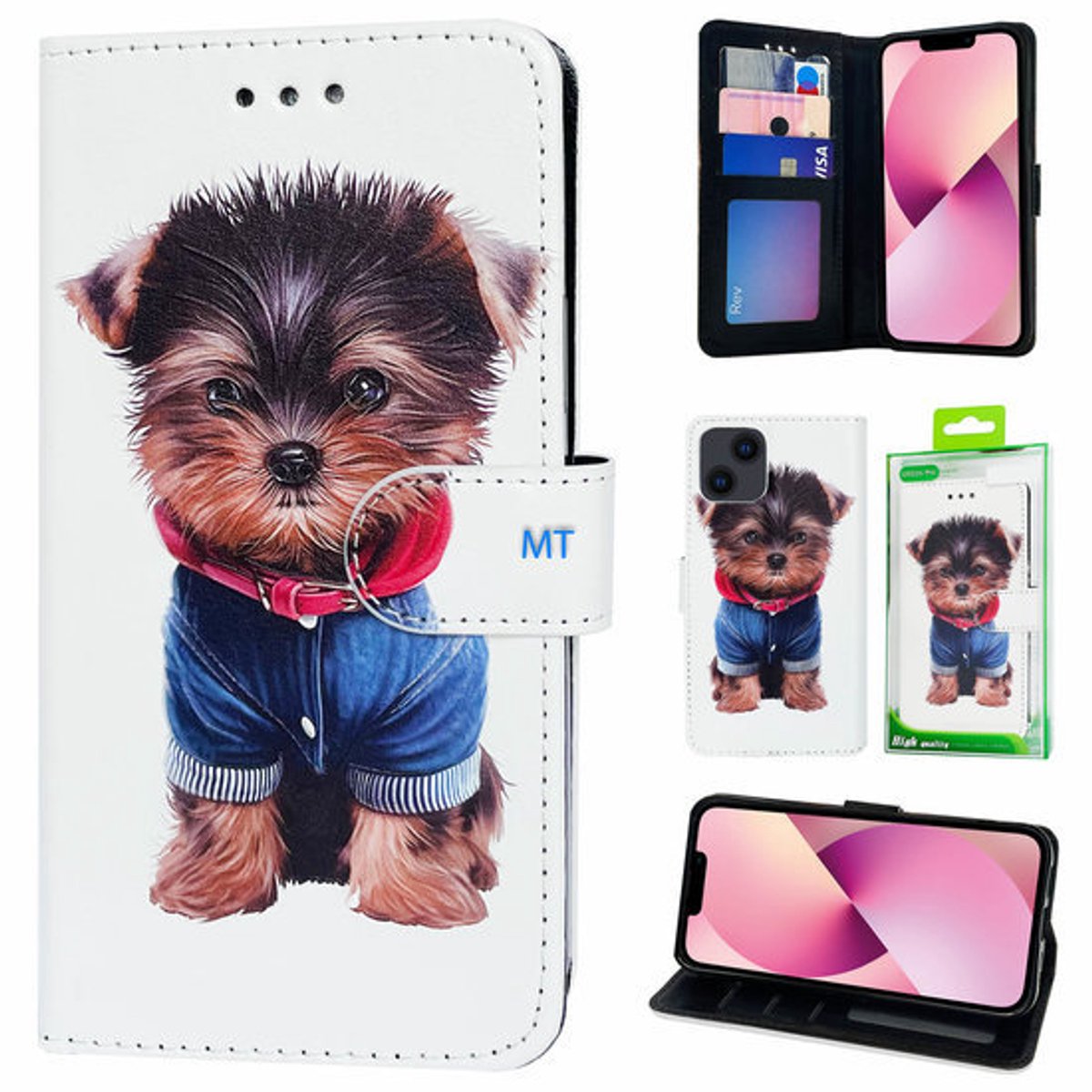 GREEN ON 3D Print Wallet Case Yorkshire Puppy geschikt voor iPhone 14