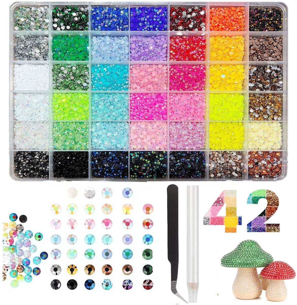 SnelShoppen - 32.000 stuks zelfklevende glitterstenen set met pincet en stift, 42 kleuren, 3 mm bedazzling kit voor knutselen, nagelkunst, DIY, feestd