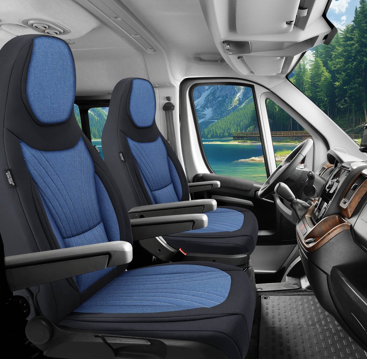 Premium Camper stoelhoezen voor Roller Team C6 in Schwarz/Blau (2 losse stoelen)