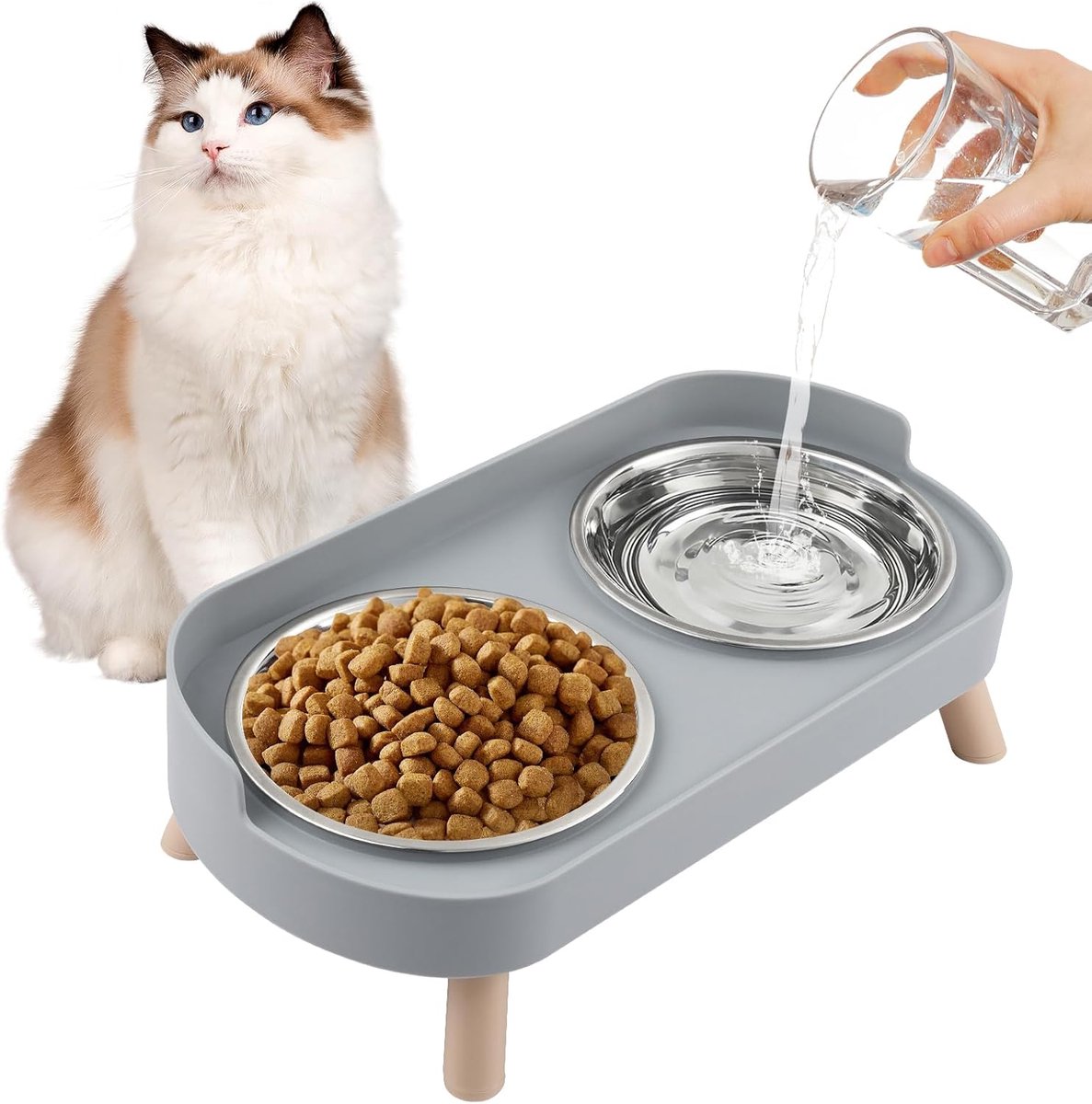 KZQ Kattenbak - Dubbellaagse roestvrijstalen kattenbak - Met standaard en spatdeksel - Grote antislip voerbak - Geschikt voor katten en kleine honden - 32.5 × 17 × 10cm - Roestvrij staal