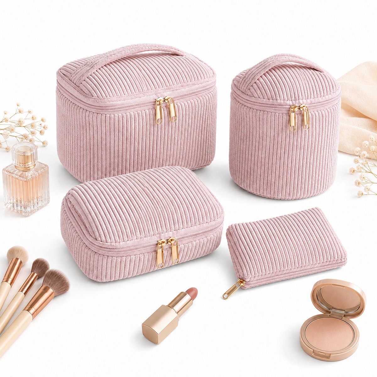 VHV - Toilettas - Toilettas dames - Weekendtas - Make-uptasje - Toilettas set van 4 - Cosmetica tasje - Bloemenprint - Grote capaciteit - Voor op reis en vakantie - Roze