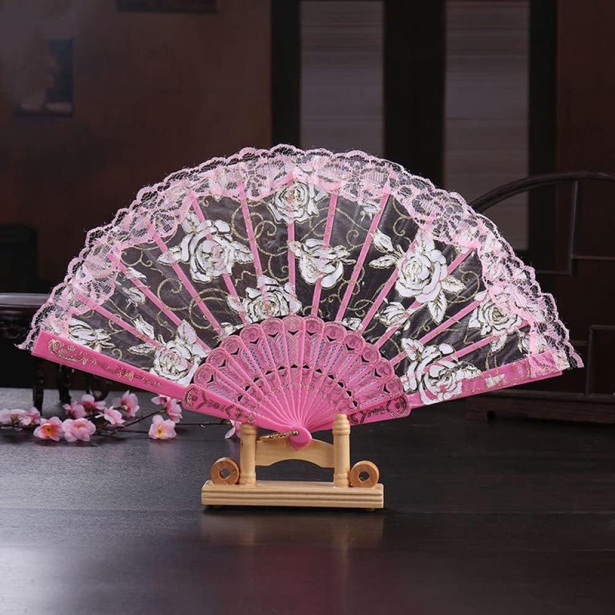 Opvouwbare Handventilator - Chinese Ventilator Dansen - Zomerse Koelte - Met Bloemenborduursel - 23 cm Gevouwen - Roze