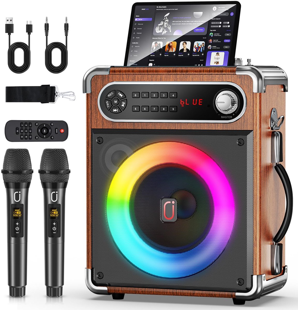 SnelShoppen - Karaoke-machine met 2 microfoons, Draagbare Bluetooth 5.3 Karaoke-box, 80W PA-installatie met RGB-verlichting, Bas/Hoge tonen/Echo voor