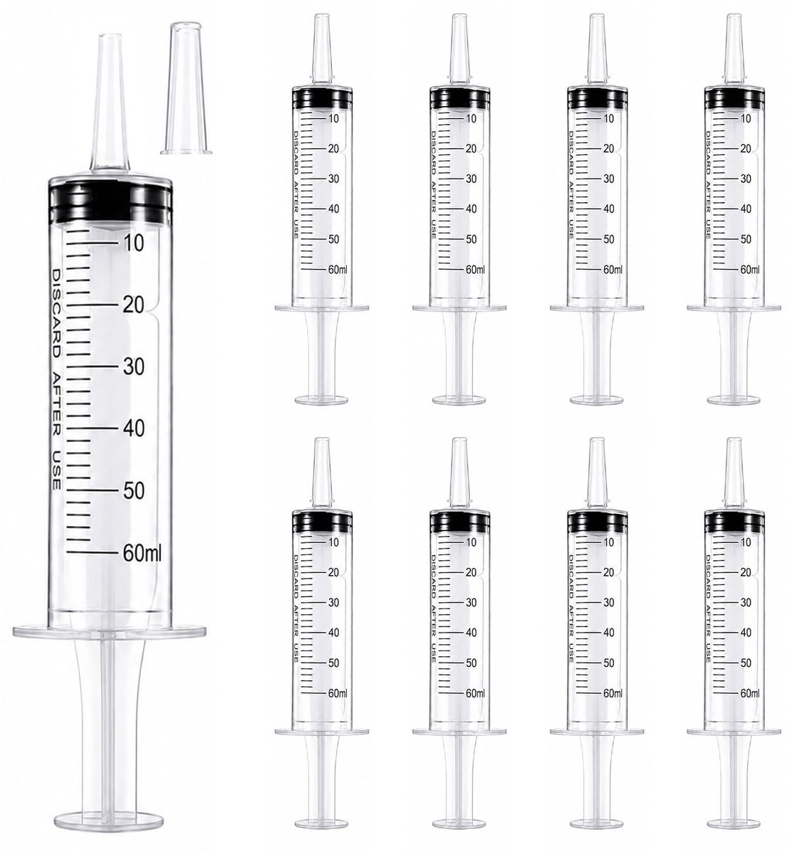 Dailygoods- Doseerspuit 60 ml - 8 Stuks - Kunststof - Herbruikbaar - Laboratorium - Transparant - Individueel Verpakt - Spuit
