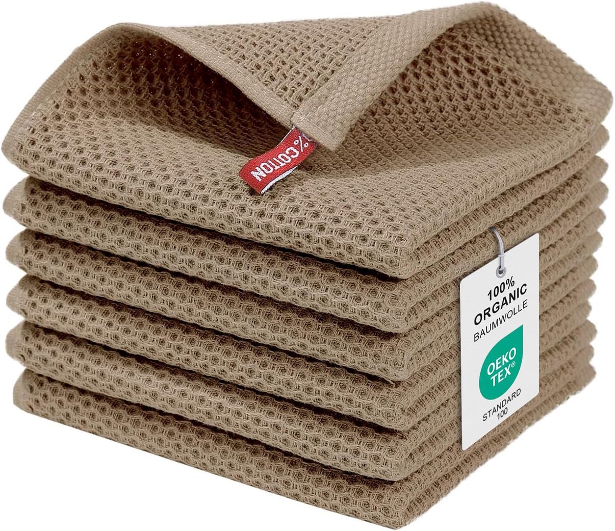 SnelShoppen - 6-delige set keukendoeken, 100% katoen, 30 x 30 cm, zachte absorberende vaatdoeken, dikke premium keukenhanddoeken in bruin voor elke ke
