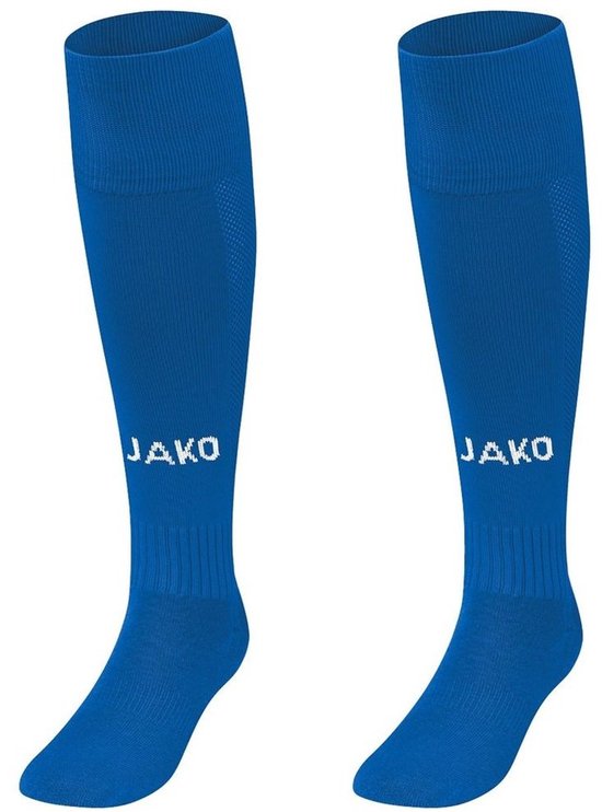 Koningsblauwe Jako voetbalkousen met wit Jako logo op de kuiten.