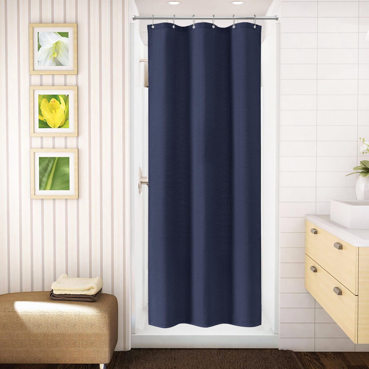 SnelShoppen - Douchegordijn Wafelstof Waterdicht - Anti-Schimmel Textiel Badkamer Gordijn met Metalen Ringen - Zwaar Badgordijn 92 x 182 cm Marineblau