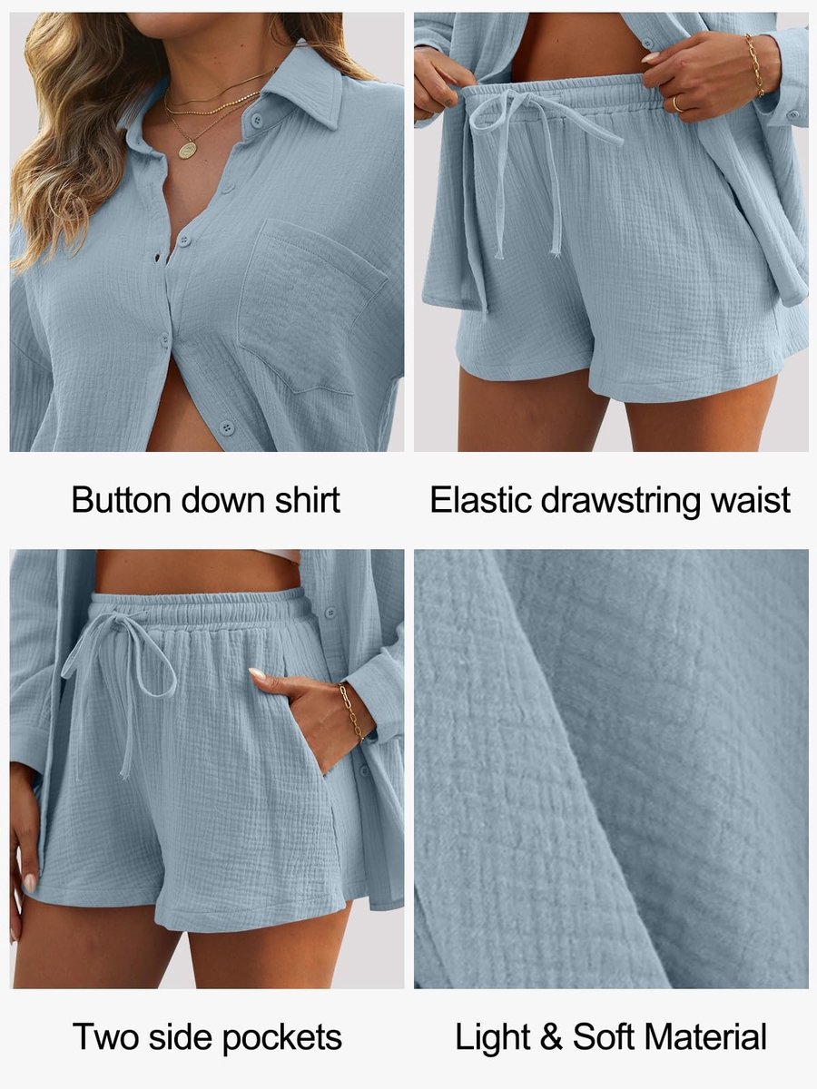 SnelShoppen - Dames Zomer Mousseline Blouse Shorts Set - 2-delig Linnen Hemd en Broekpak - Elegante Lounge Set - Licht Loungewear voor Strand, Vrijeti