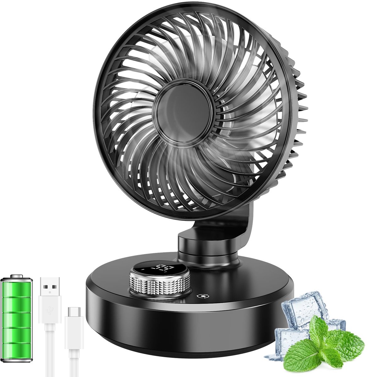 SnelShoppen - ITJMRJP Bureauventilator - Draagbare Stille Ventilator met LCD-scherm, 6000 mAh Oplaadbare Batterij, 6 Snelheden, Mini-USB Tafelventilat