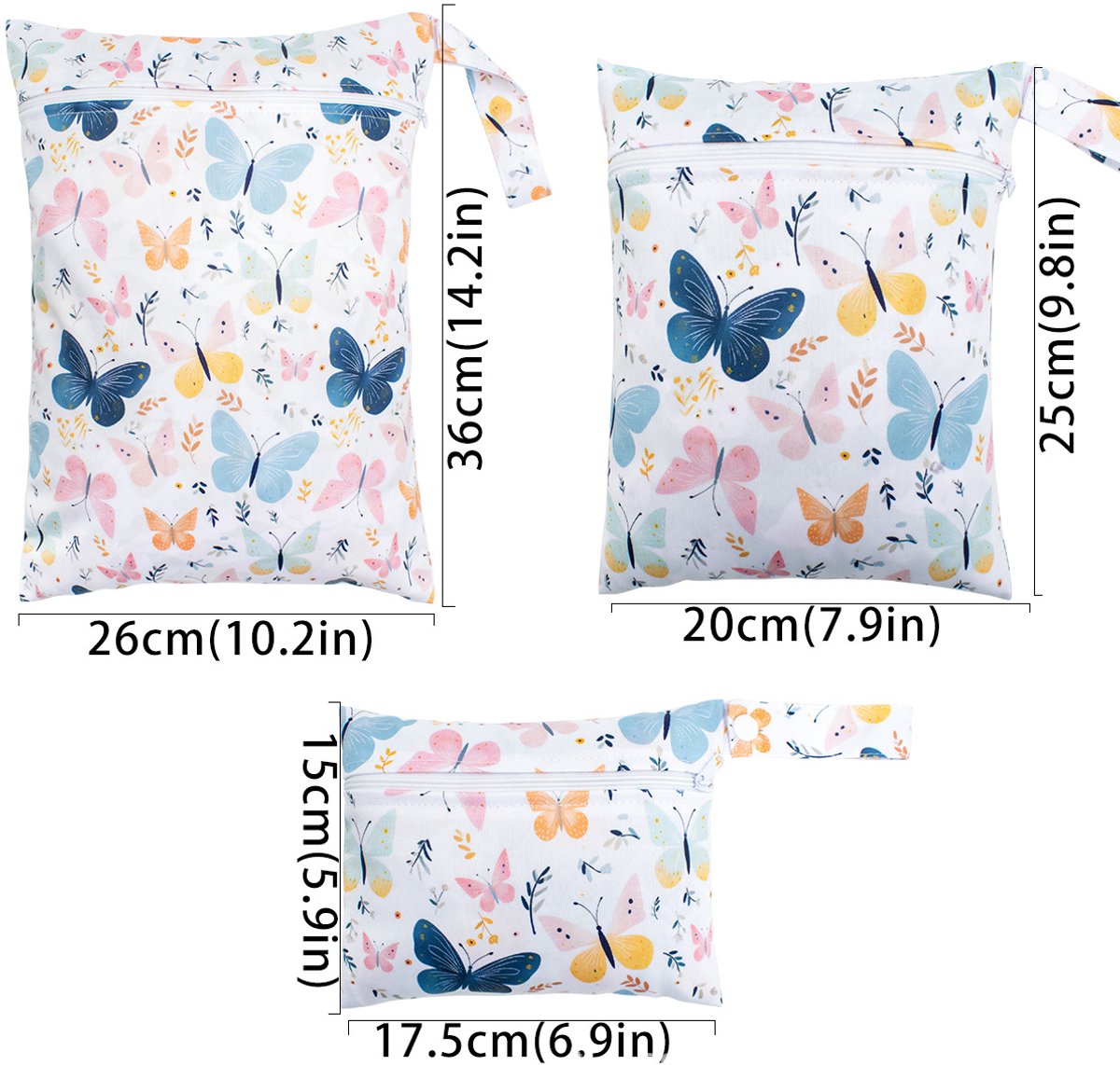 Set van 3 vlinderprint baby opbergtassen | Ritsluierzakken in 3 maten voor luiers, natte kleding en babybenodigdheden