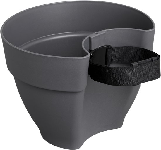 Grijze Elho regenpijpbak met verstelbare zwarte band, voor bevestiging aan een regenpijp.