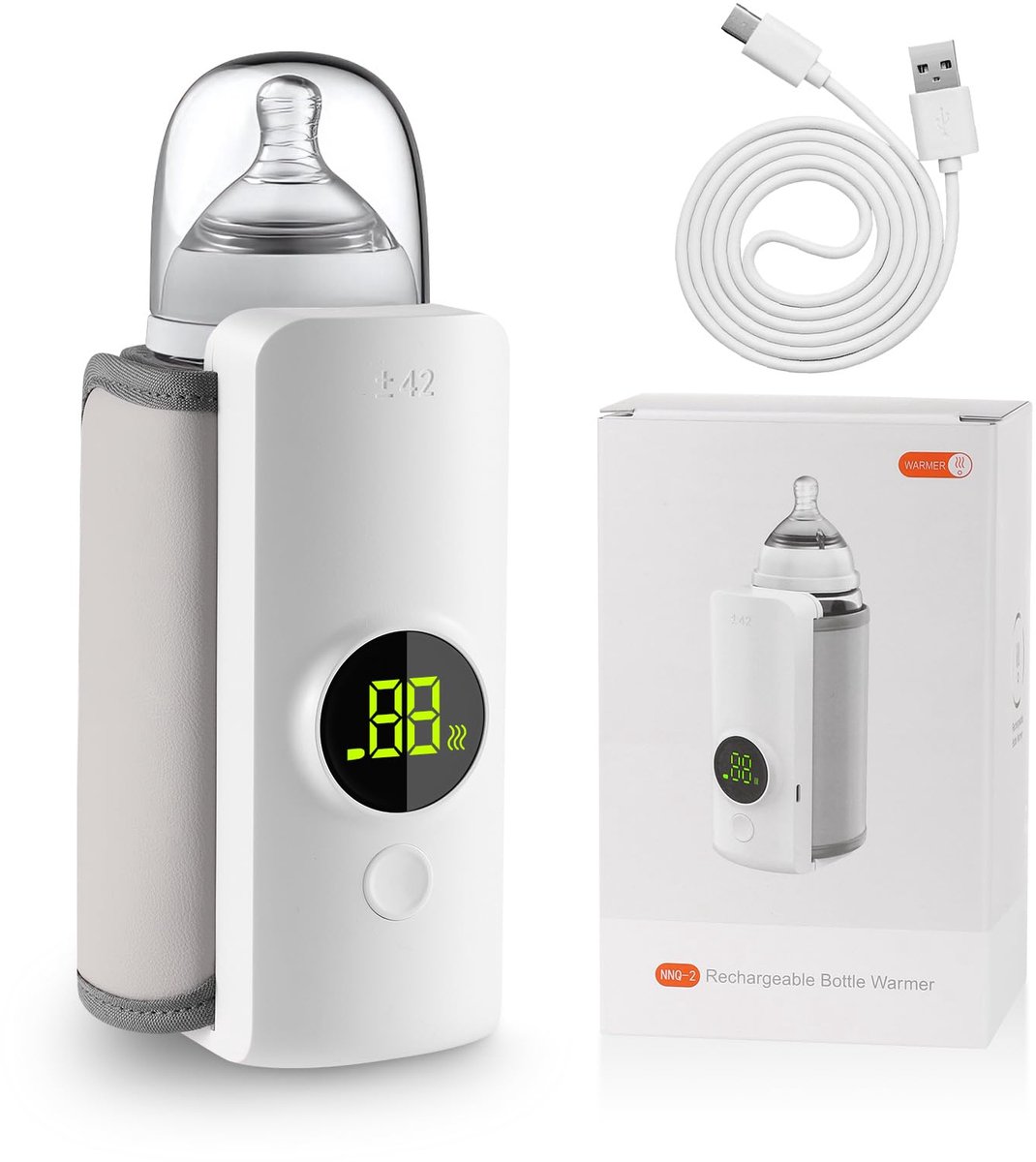 SnelShoppen - Draagbare Babyflessenwarmer voor Onderweg met LCD-Display, 6000 mAh Accu, 48 Uur Isolatie, Mobiele Flessenwarmer Baby in Wit voor Reizen