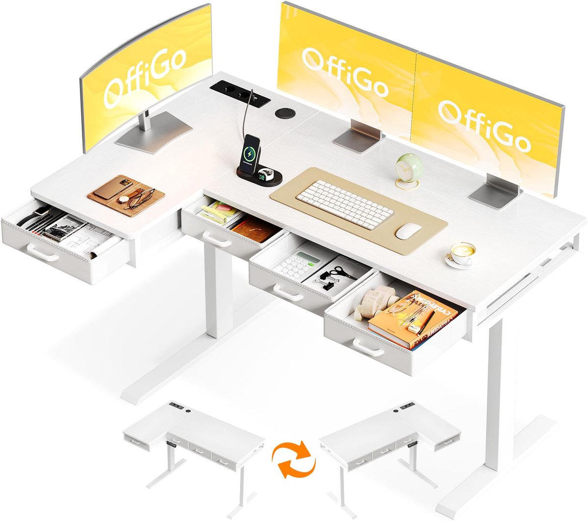 SnelShoppen - Hoogte Verstelbaar Bureau 140x80cm, Elektrisch Hoekbureau met 4 Laden, Staand Bureau L Vorm, Wit, Ideaal voor Kantoor, Studie en Gaming