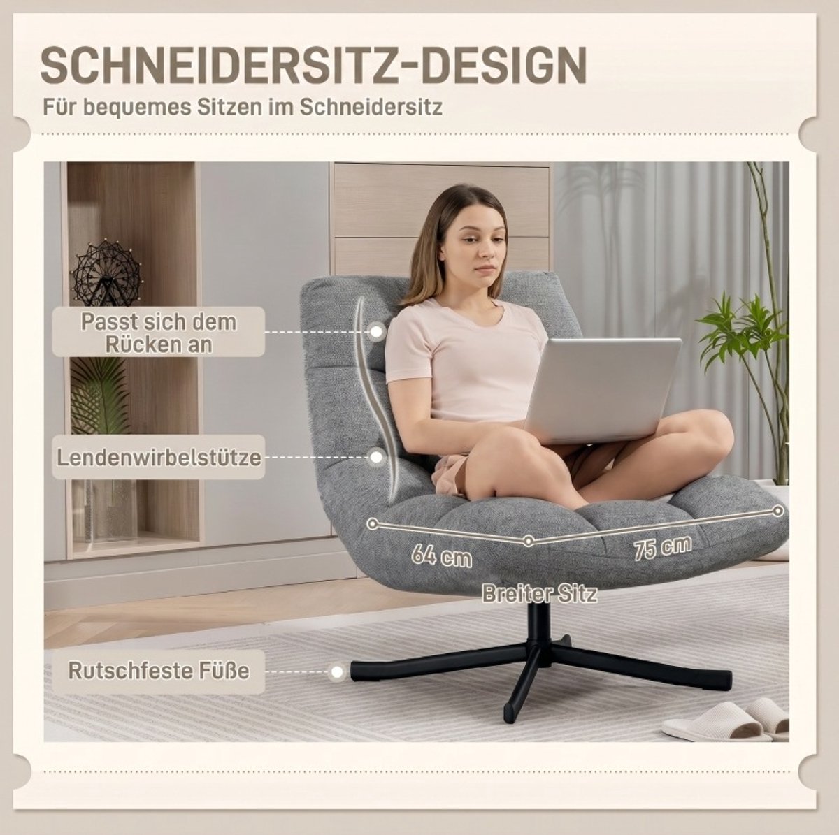 OKWISH Draaibare Fauteuil - Brede Zitting Met Lendensteun - Waterafstotende Chenillelook - Voor Woonkamer, Leeshoek En Lounge - Metaal - Grijs