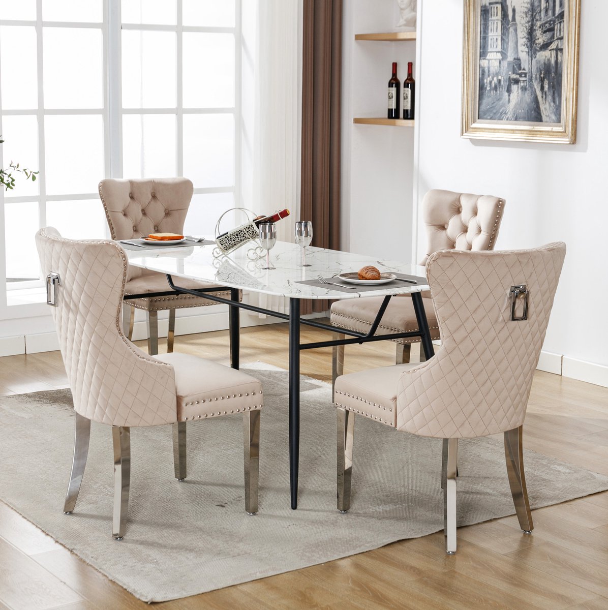 COVREO Eetkamerstoel 53 x 62,5 x 94,5 cm – beige velvet, metalen poten, set van 4