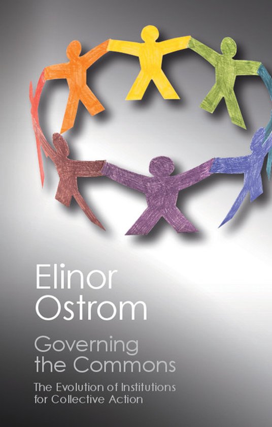 Couverture du livre 'Governing the Commons' avec un cercle de personnages en papier colorés et le titre.