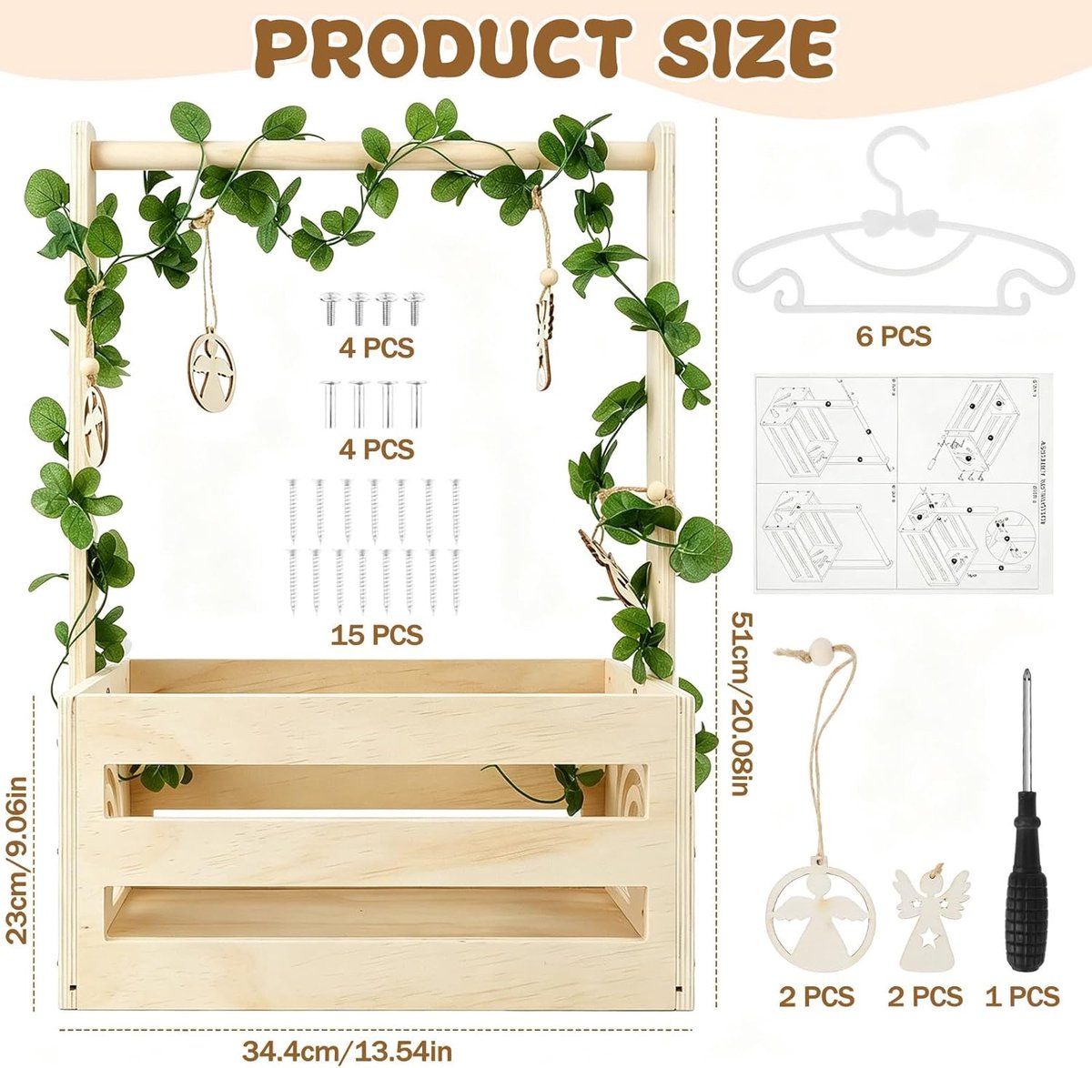 Houten babymand - Baby opbergmand Decoratiemand - Babykamer organiseren - Met handvat en hangers – foto 7