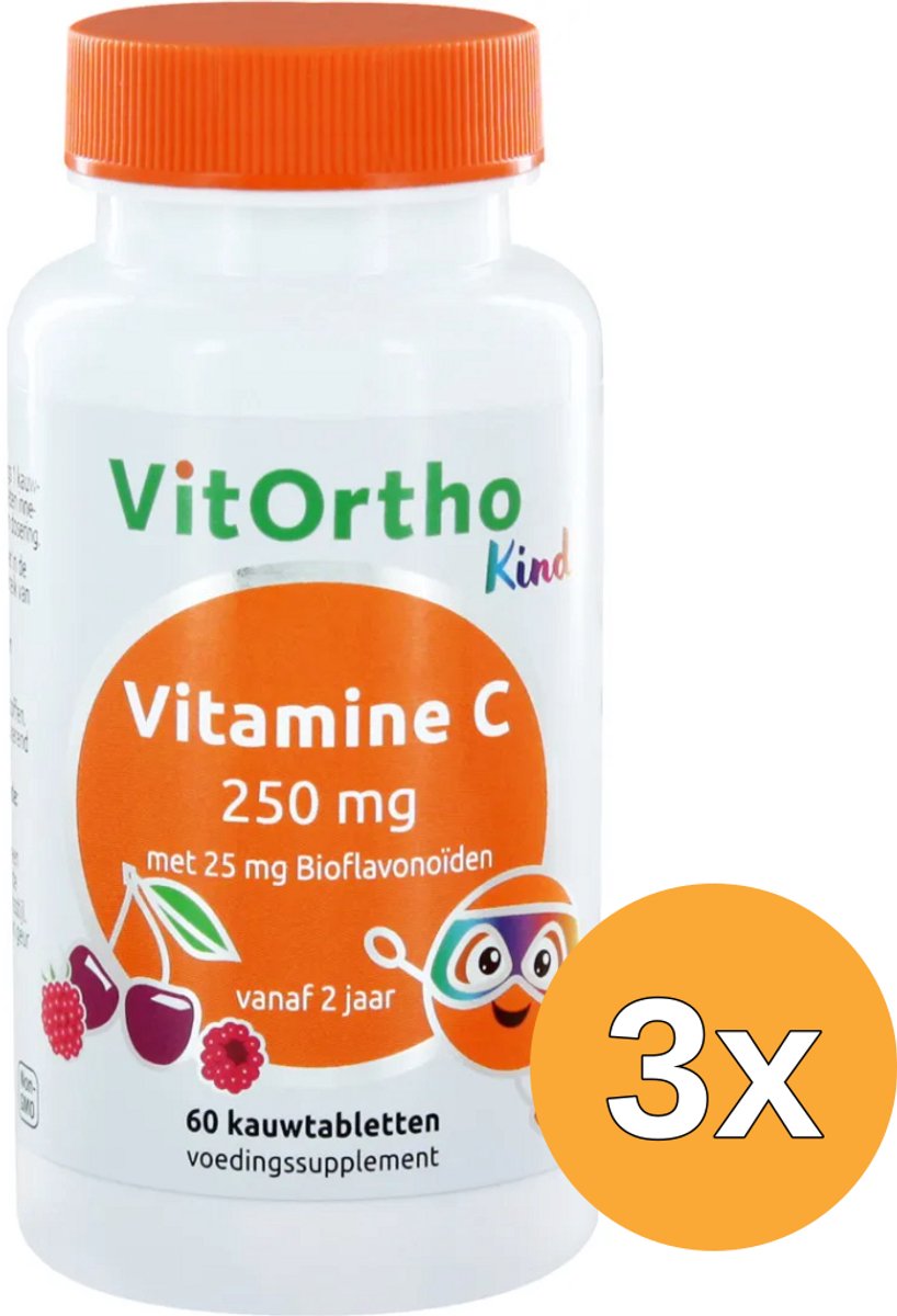 3x VitOrtho Vitamine C 250 mg met 25 mg bioflavonoiden (60 kauwtabletten)