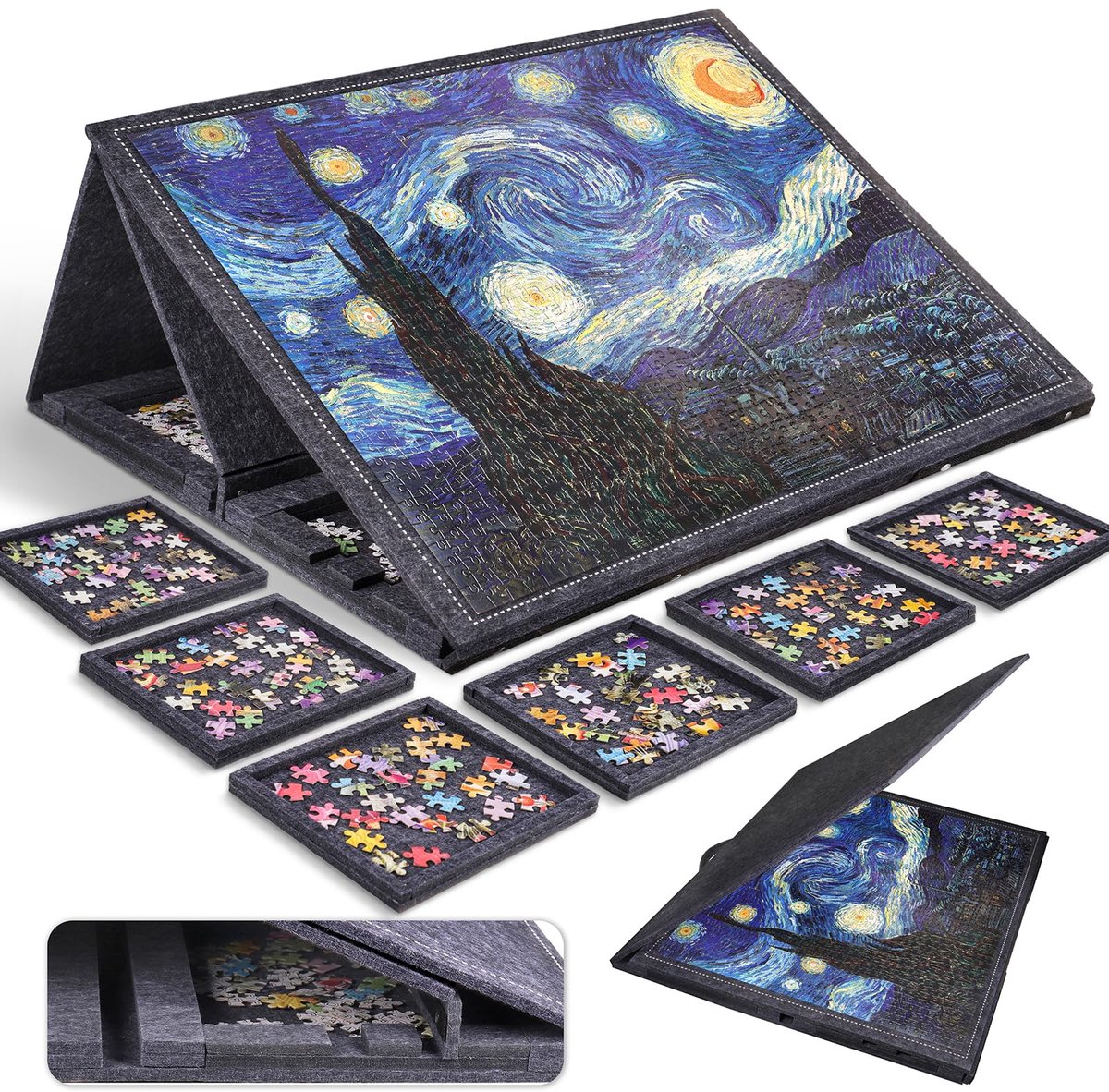 SnelShoppen - Puzzelplank met 6 Laden en Deksel, Draagbare Puzzeltafel voor Volwassenen, Viltmat voor Maximaal 1000 Puzzlestukken, Puzzelopslag en Puz