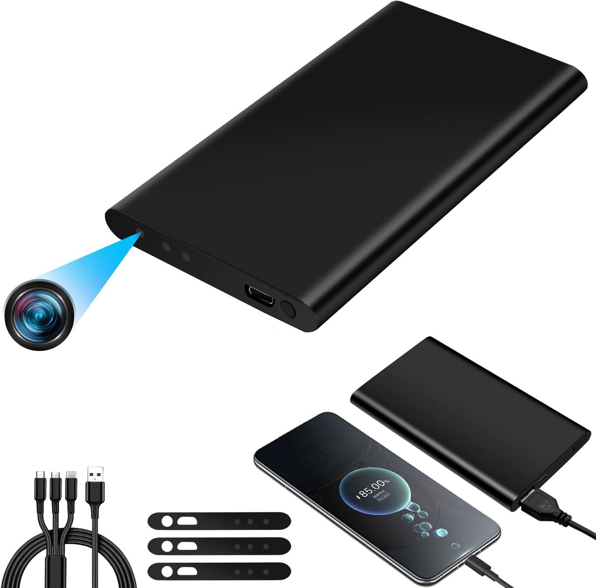 SnelShoppen - SecuraLen Mini HD-camera met dual-functie, 1080p HD powerbank, 17 uur opname, 5000 mAh batterij, 3-in-1 kabel voor feest, camping en dag