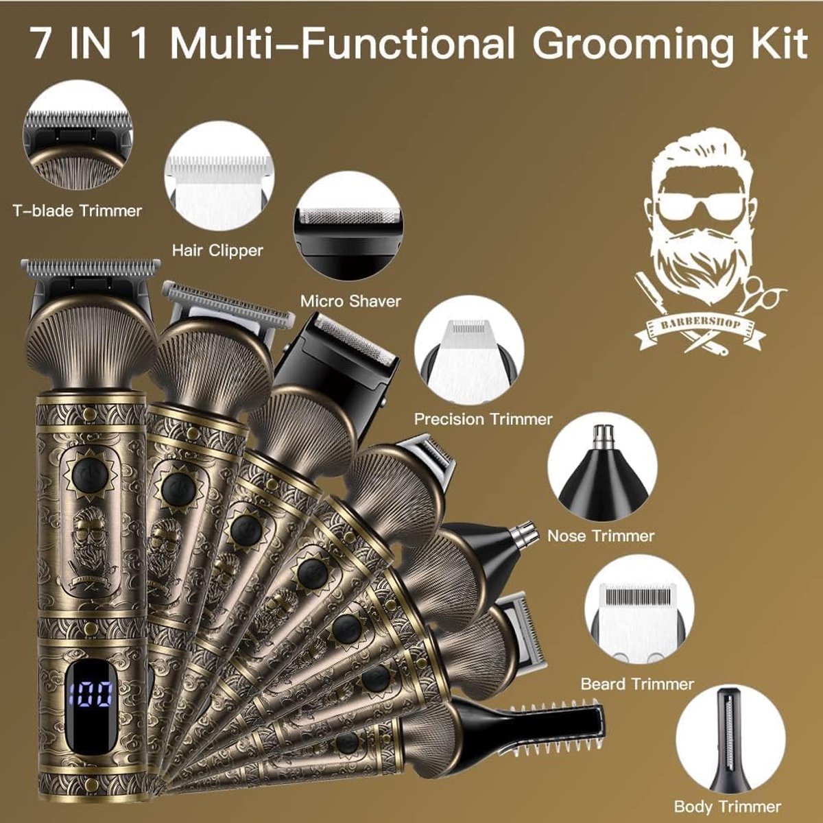 SnelShoppen - Professionele Haartrimmer Set 7 in 1 voor Mannen - Precisie Trimmer, Baardtrimmer, T-vormige Trimmer, Neus- en Lichaamshaartrimmer - Ide