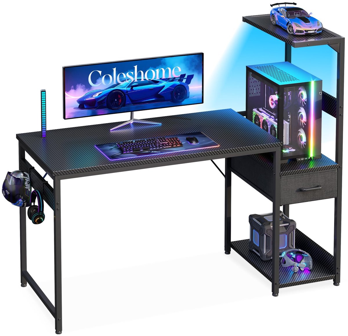 SnelShoppen - Coleshome Gamingbureau met LED-verlichting, 120x48cm Computerbureau met Opberglades en Planken, Reversibel Design, Hoofdtelefoonhouder,