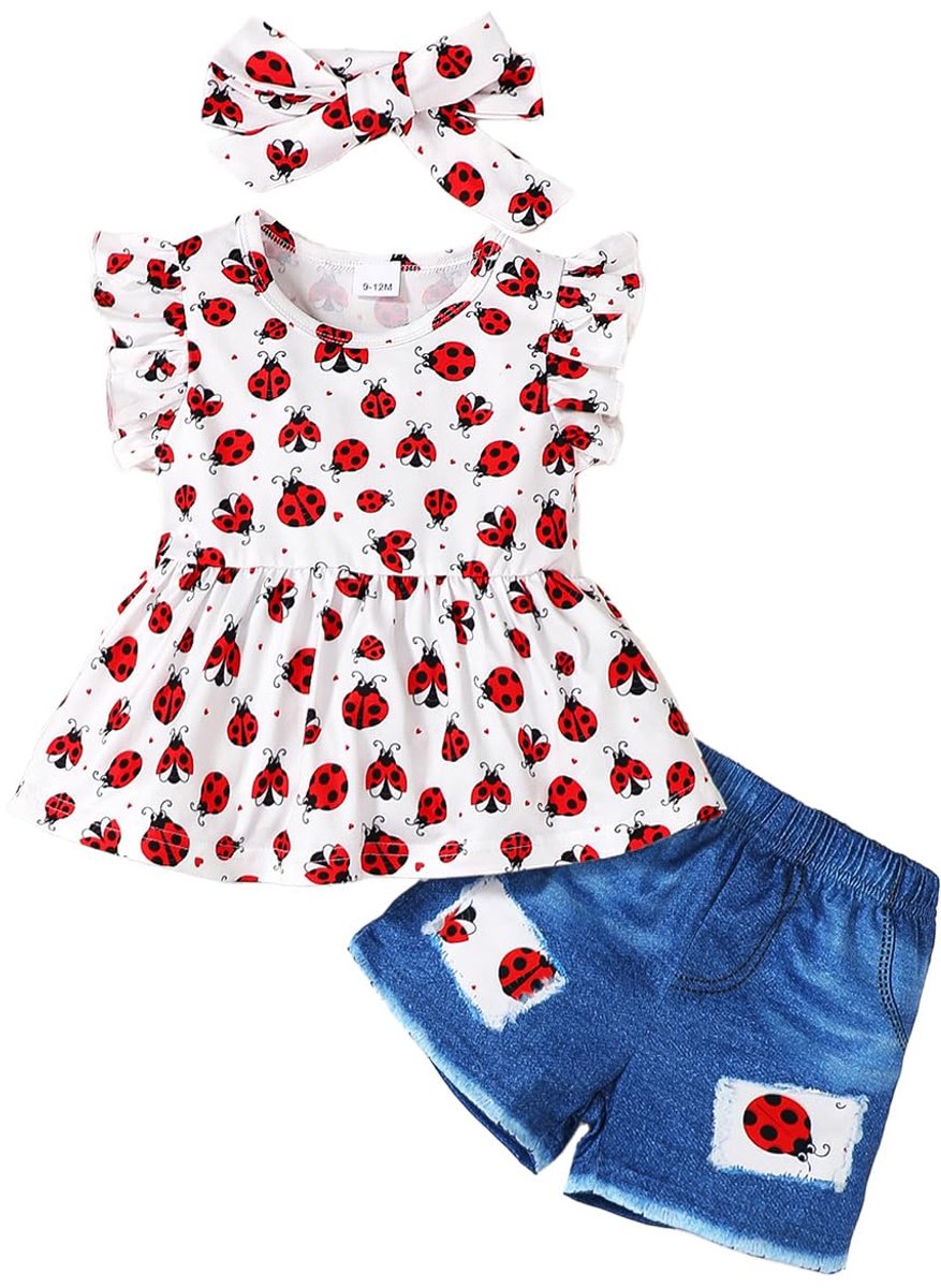 SnelShoppen - Babymeisjeskleding Zomeroutfits Mouwloze Tanktop met Ruches en Shorts Lieveheersbeestje-print 6-12 Maanden Schattige Kledingset voor Peu