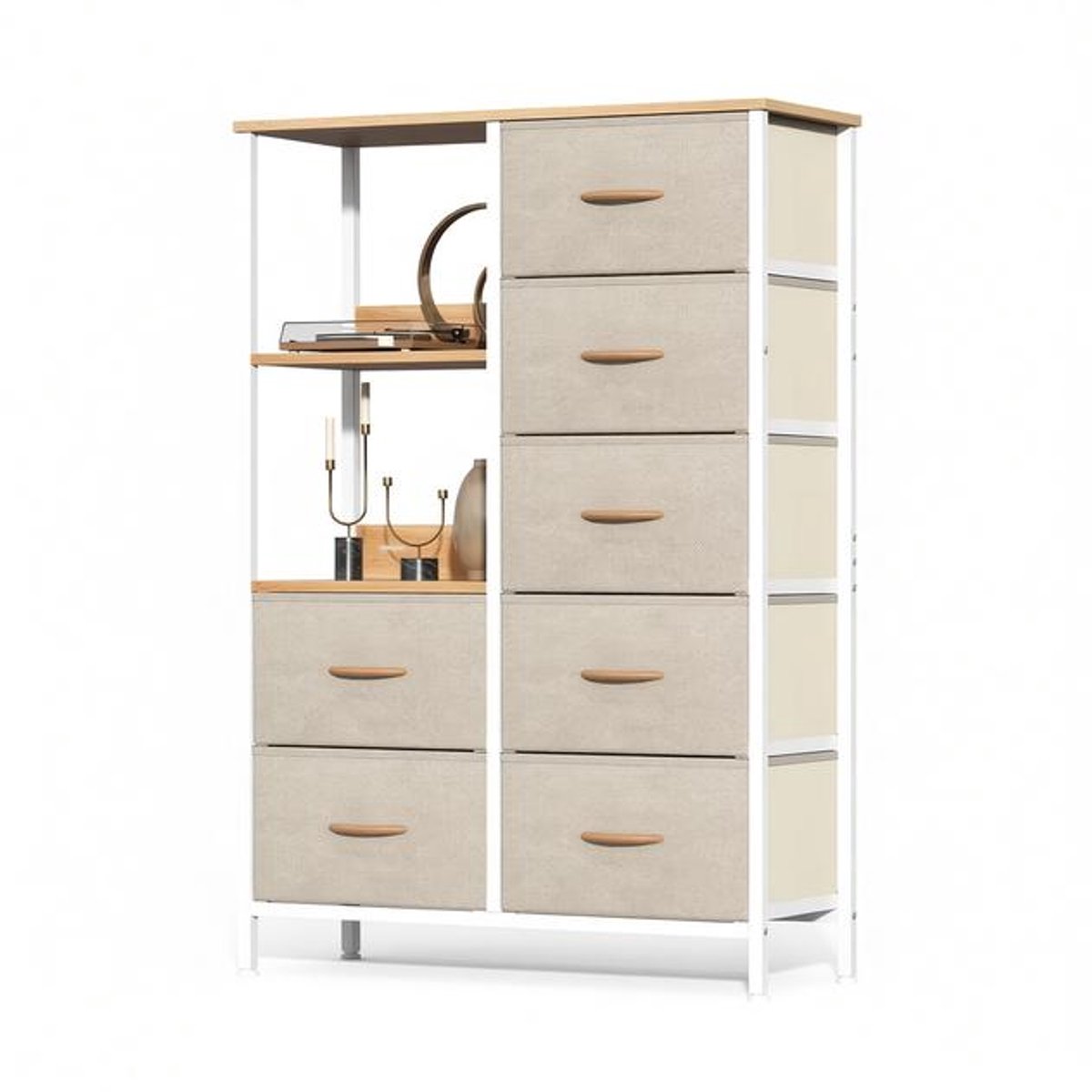 Opbergkast met 7 Stoffen Lades en 2 Open Planken, IJzeren Frame, MDF Blad, Verstelbare Poten, Multifunctioneel, Khaki.