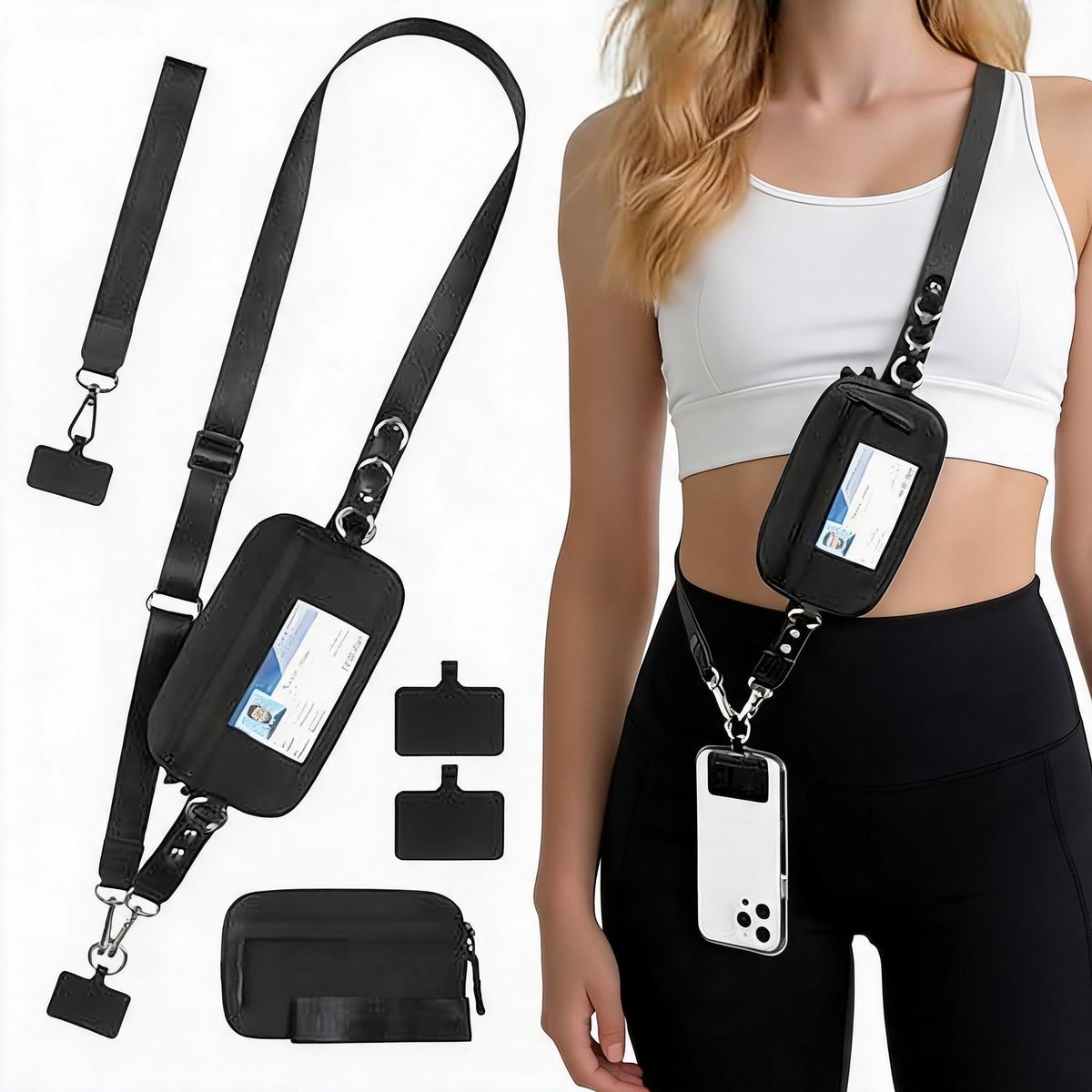 Zwart Telefoonkoordtas - Met afneembare ritssluiting portemonneetje - Universele multifunctionele telefoonkoord - Verstelbare brede telefoonhoes - Antiverlies telefoon crossbody tas - Voor Reizen, dagelijks gebruik, concerten, festivals