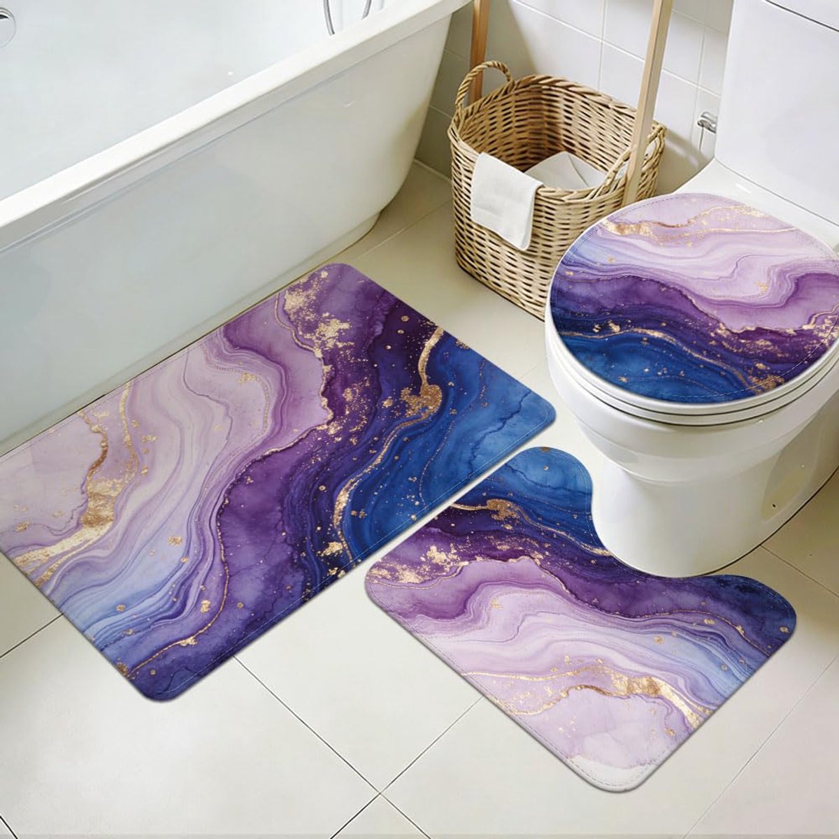 SnelShoppen - 3-delige wasbare badkamertapijten set marmer bloemen met toiletmatten - zachte gradiënt antislip badmat in paars voor badkamer, keuken e