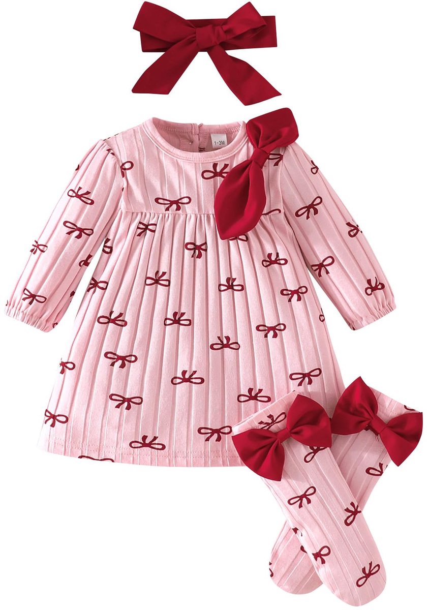SnelShoppen - 3-delige set voor babymeisjes jurk met lange mouwen, schattige strik hoofdband en sokken, bedrukte babykleding voor meisjes 1-12 maanden